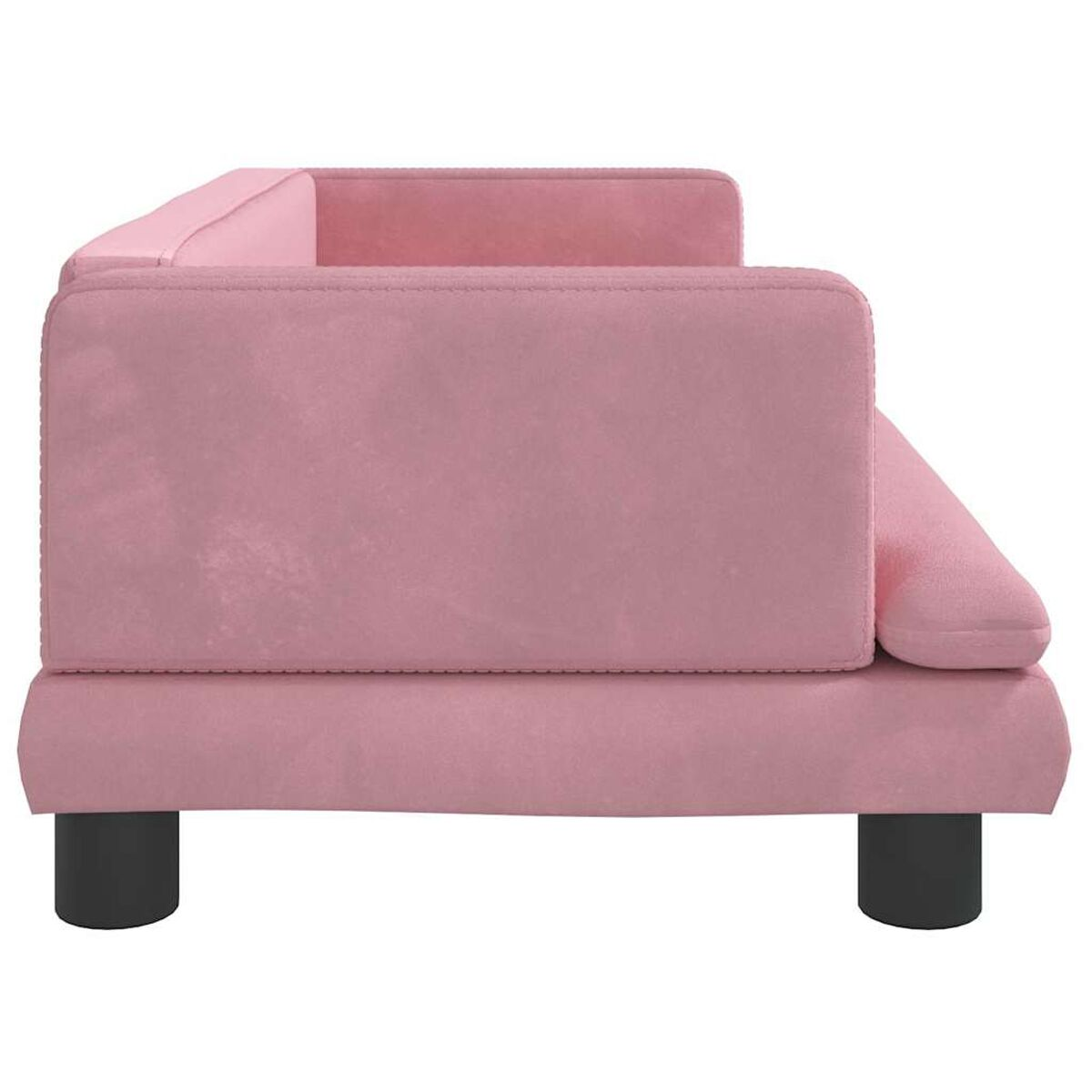 Ein rosa Sofa hat schwarze Beine. Die Seitenansicht zeigt die Armlehne und das Sitzkissen.