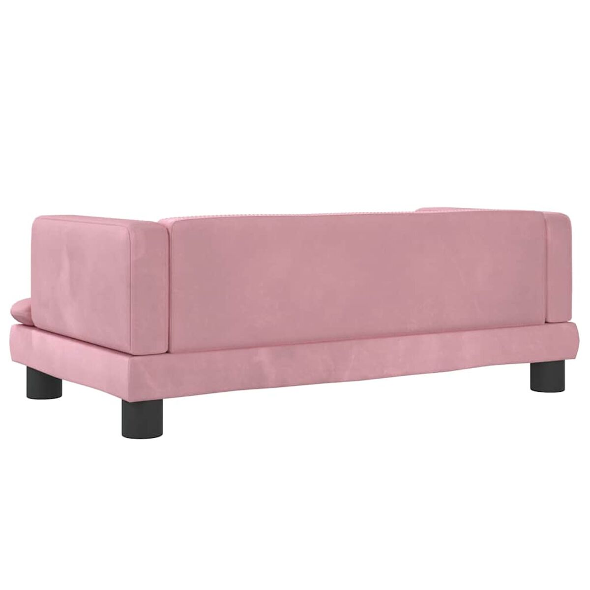 Rosa Sofa auf schwarzen Beinen mit schlichtem Design. Rückansicht. Weißer Hintergrund.