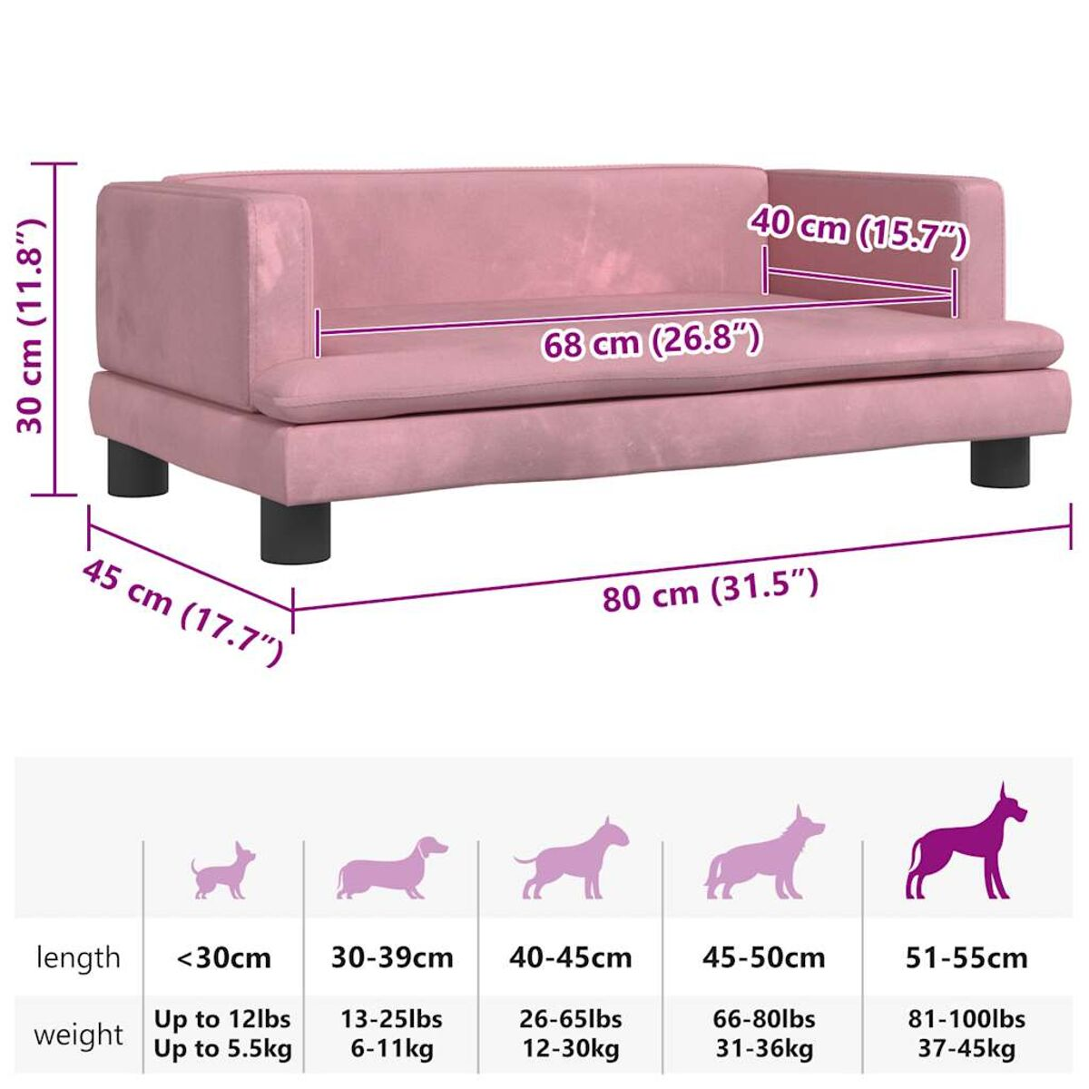 Ein rosa Sofa mit schwarzen Beinen, mit Größen- und Gewichtsangaben.