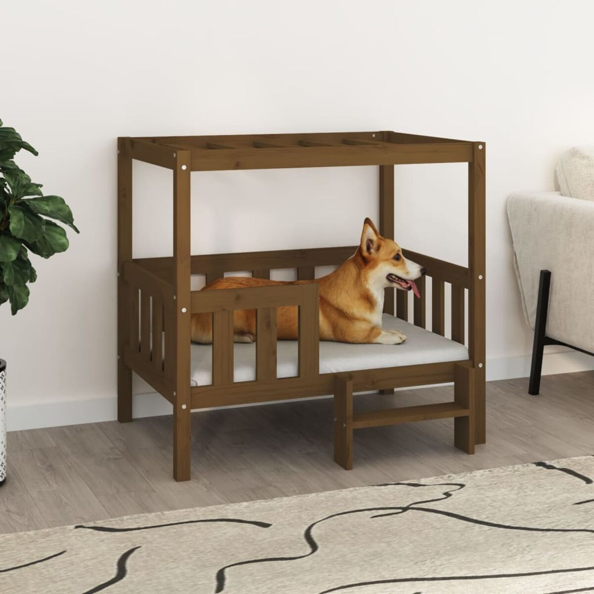 Hundebett aus Holz mit einem Hund darin. Es hat ein Vordach und eine Stufe.