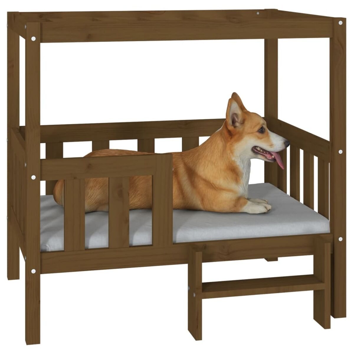 Hundebett mit Hund. Das Bett ist braun, der Hund braun und weiß mit herausgestreckter Zunge.