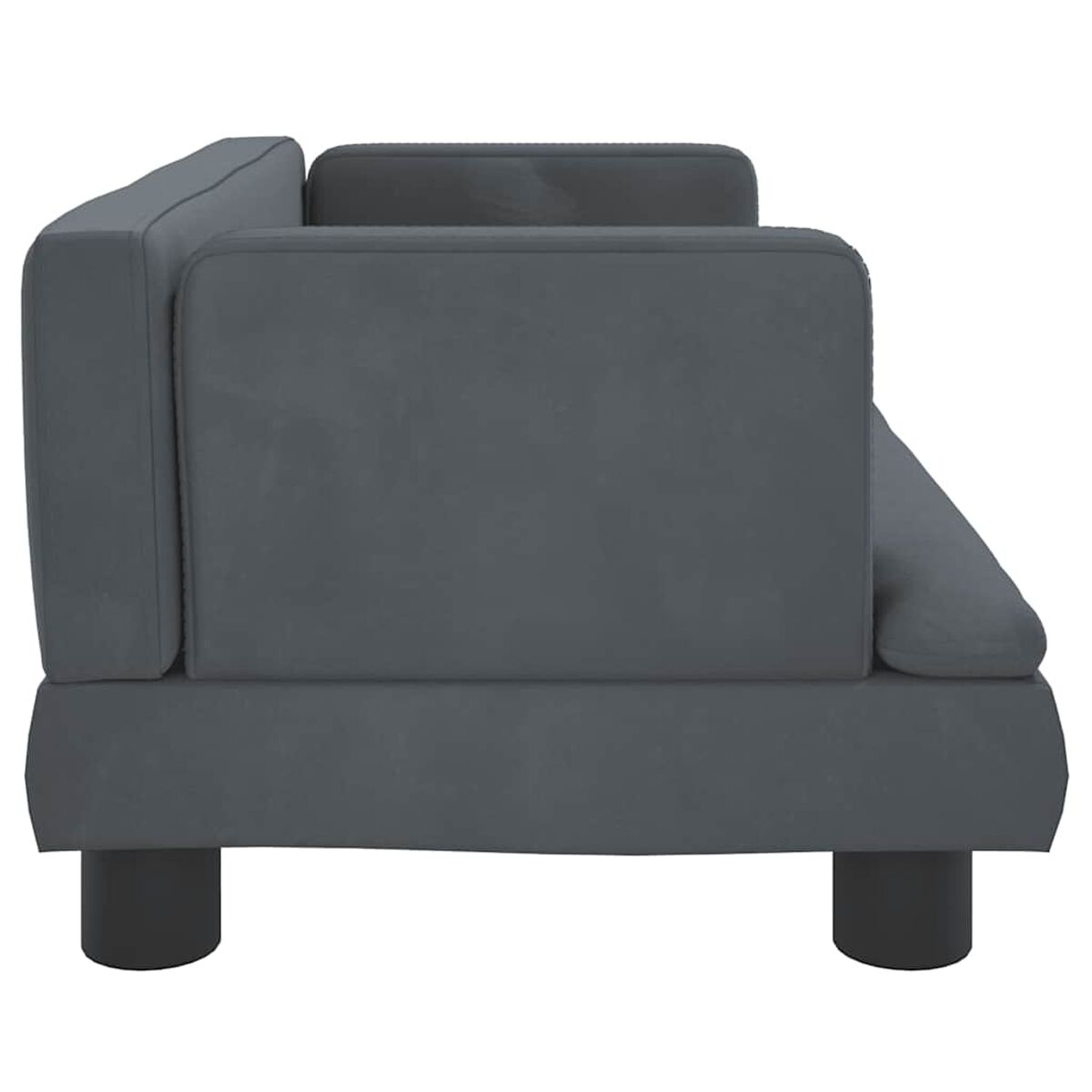 Seitenansicht eines grauen Sofas mit dunklen Beinen. Das Sofa hat ein einfaches, blockartiges Design.