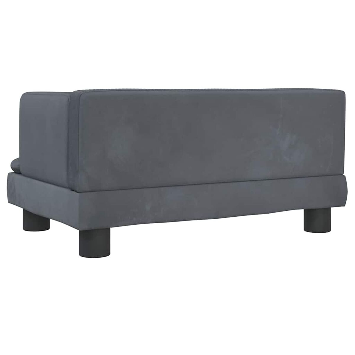 Ein graues Sofa von hinten. Es hat ein einfaches Design und schwarze Füße.