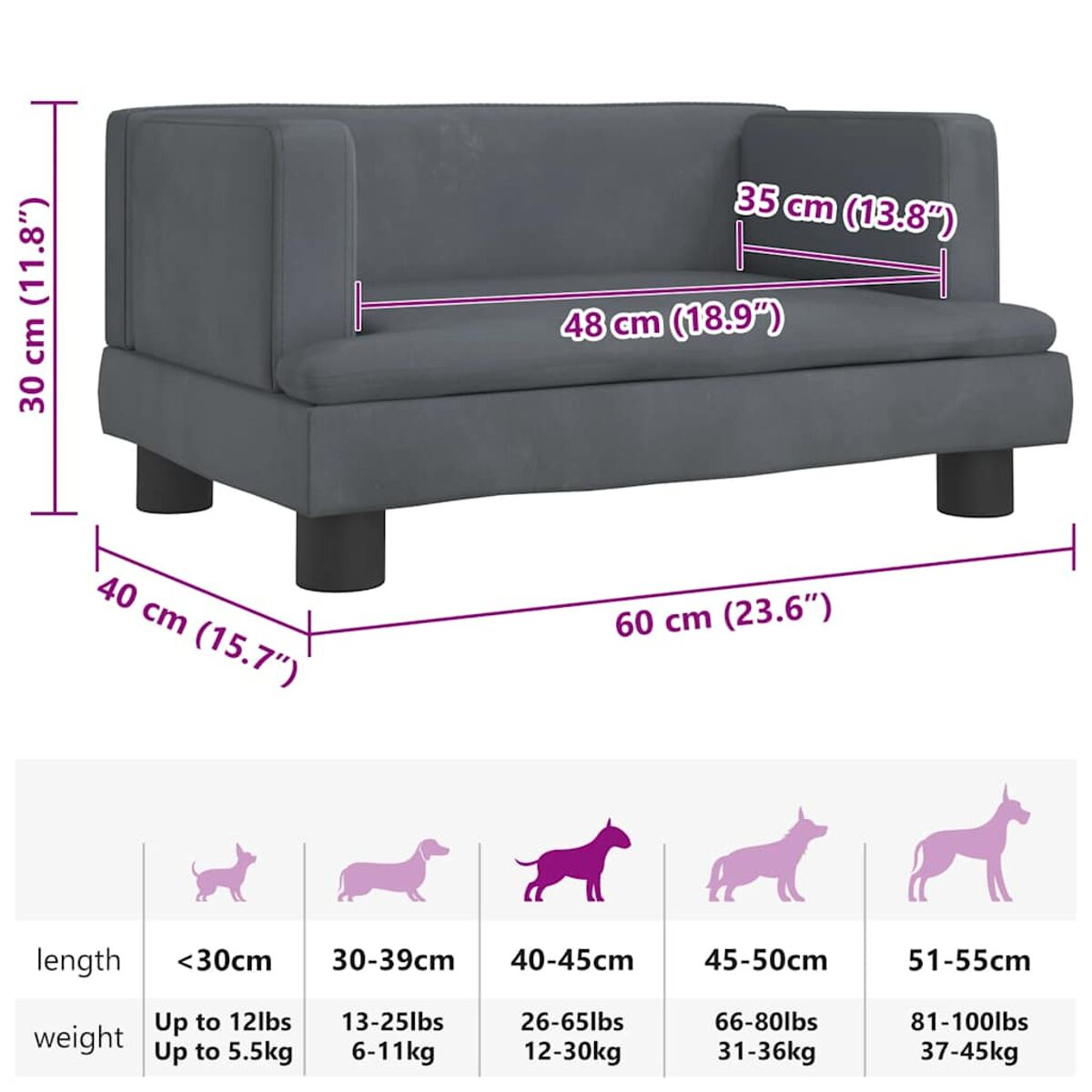 Graues Hundesofa mit Abmessungen. Enthält Längen-, Gewichts- und Größentabellen für Hunde.