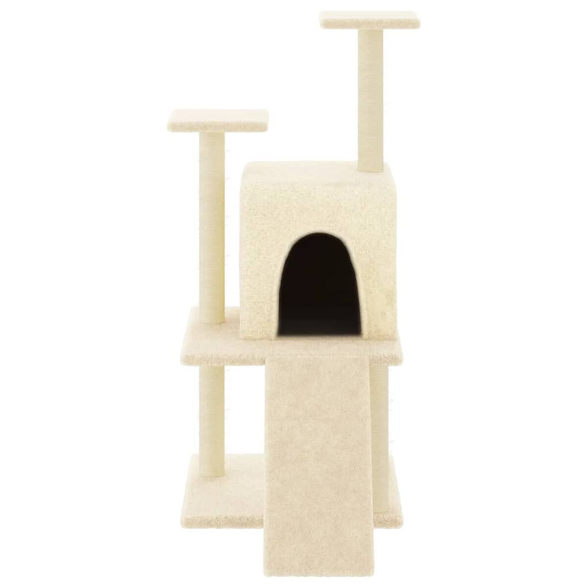 Beiger Katzenbaum mit Plattformen, Tunnel und Rampe vor weißem Hintergrund.
