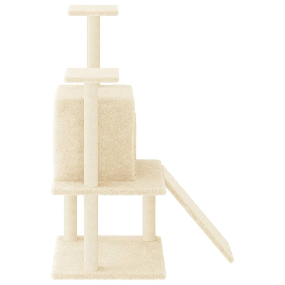 Katzenbaum mit mehreren Ebenen und einer Rampe. Es ist beige gefärbt.