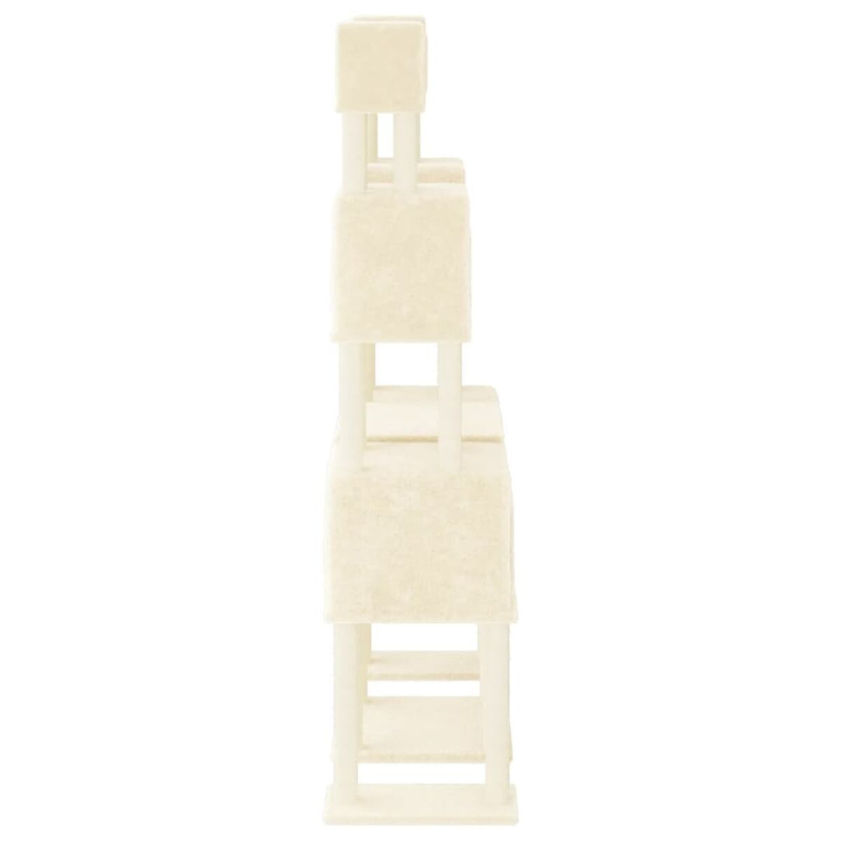 Seitenansicht eines Katzenbaums mit mehreren Ebenen und beige Farbe.