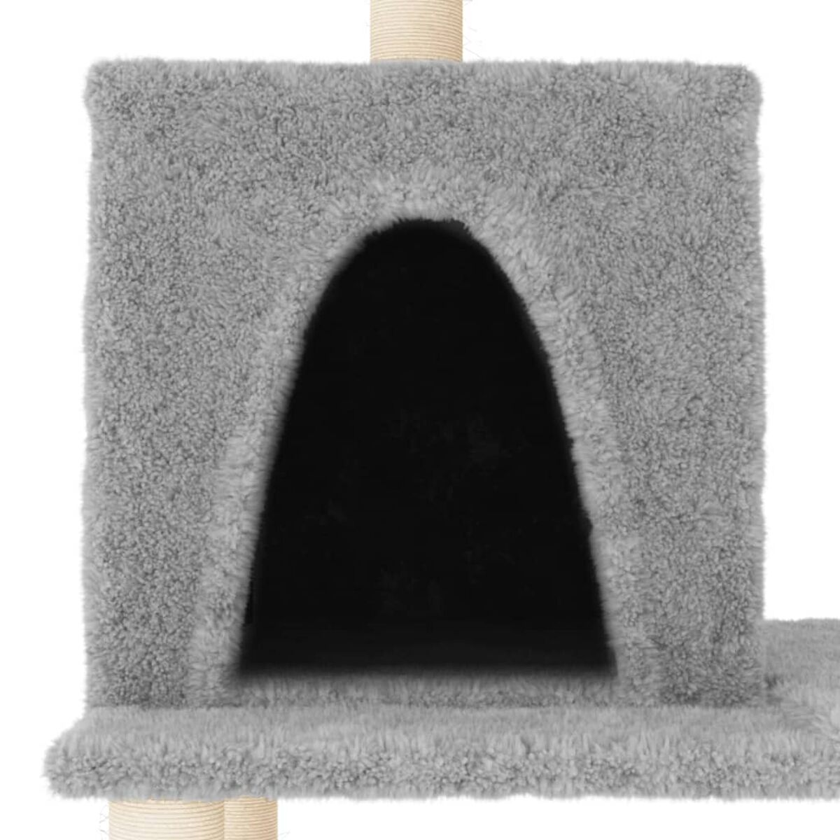 Nahaufnahme eines grauen Kratzbaums mit Höhle und Sisalkratzpfosten.