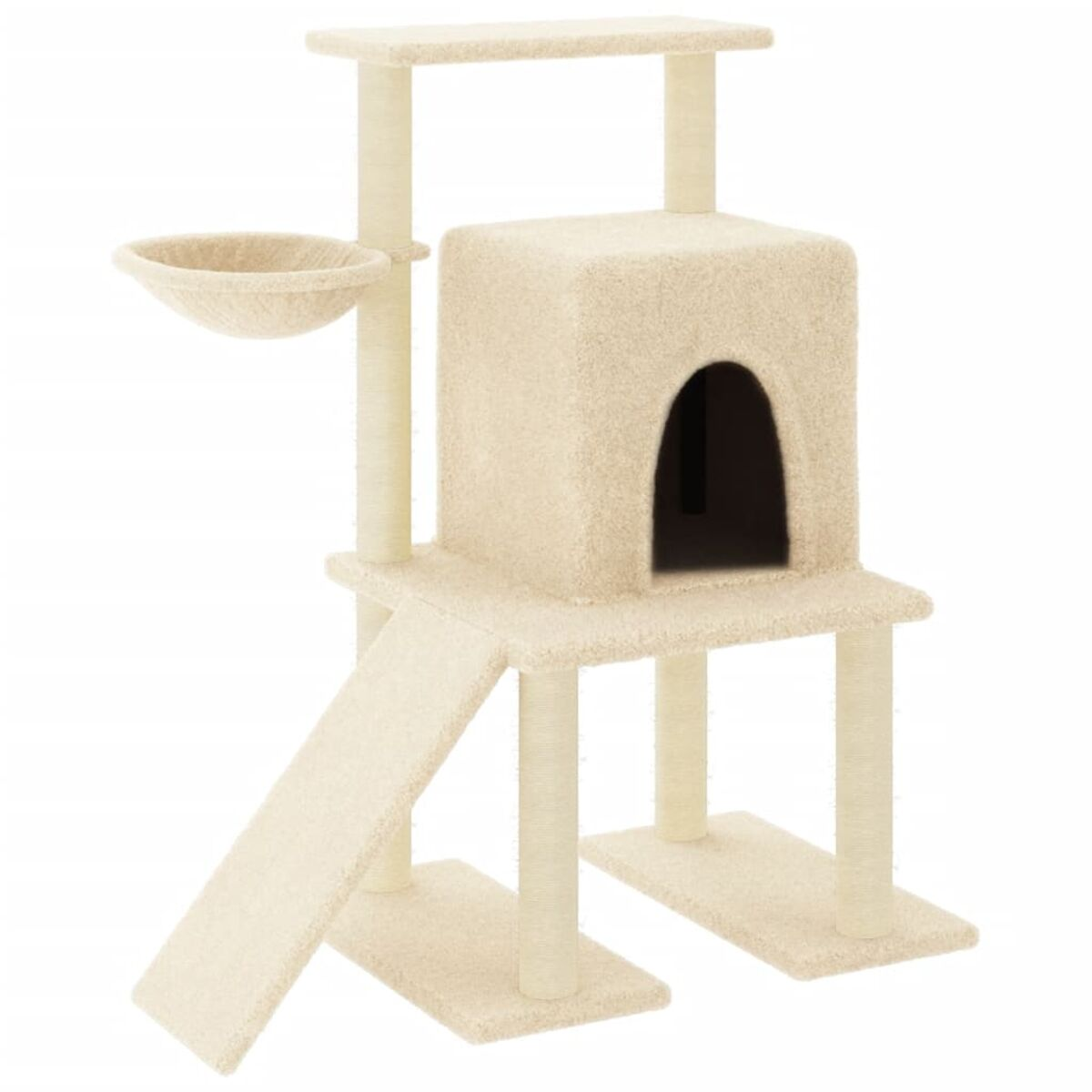 Katzenbaum mit beigem Teppich, einem Haus, einer Rampe und einer Schale, auf weißem Hintergrund.