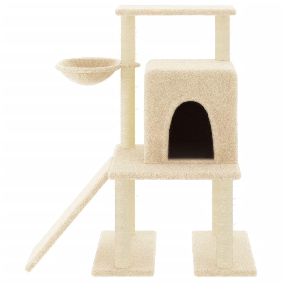 Beiger Katzenbaum mit mehreren Ebenen, einem Haus und einer Rampe. Isoliert.