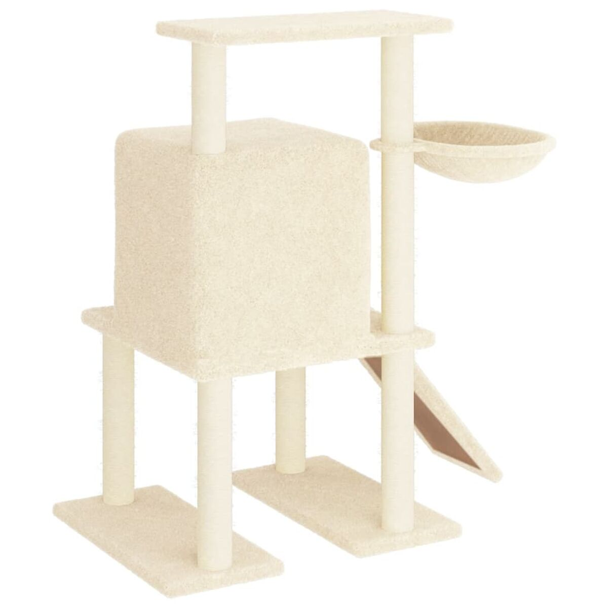Katzenbaum mit mehreren Ebenen, einem Würfel und einer Hängematte. Es ist hellbeige.