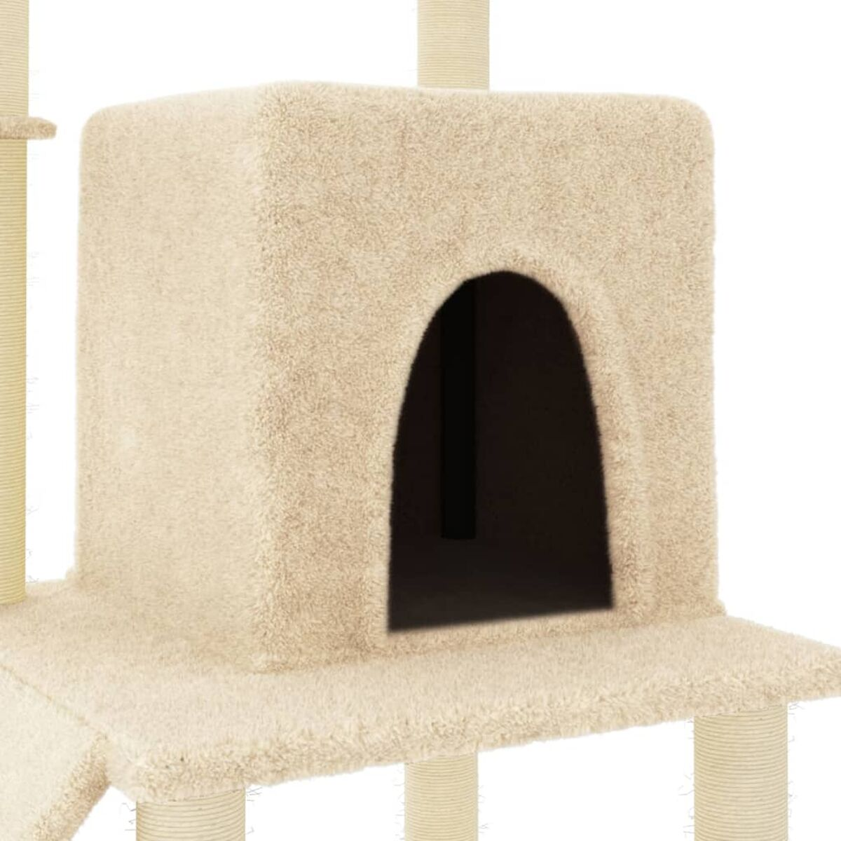 Katzenbaum mit beigem Teppich. Er hat ein kleines Haus mit Bogeneingang und Säulen.