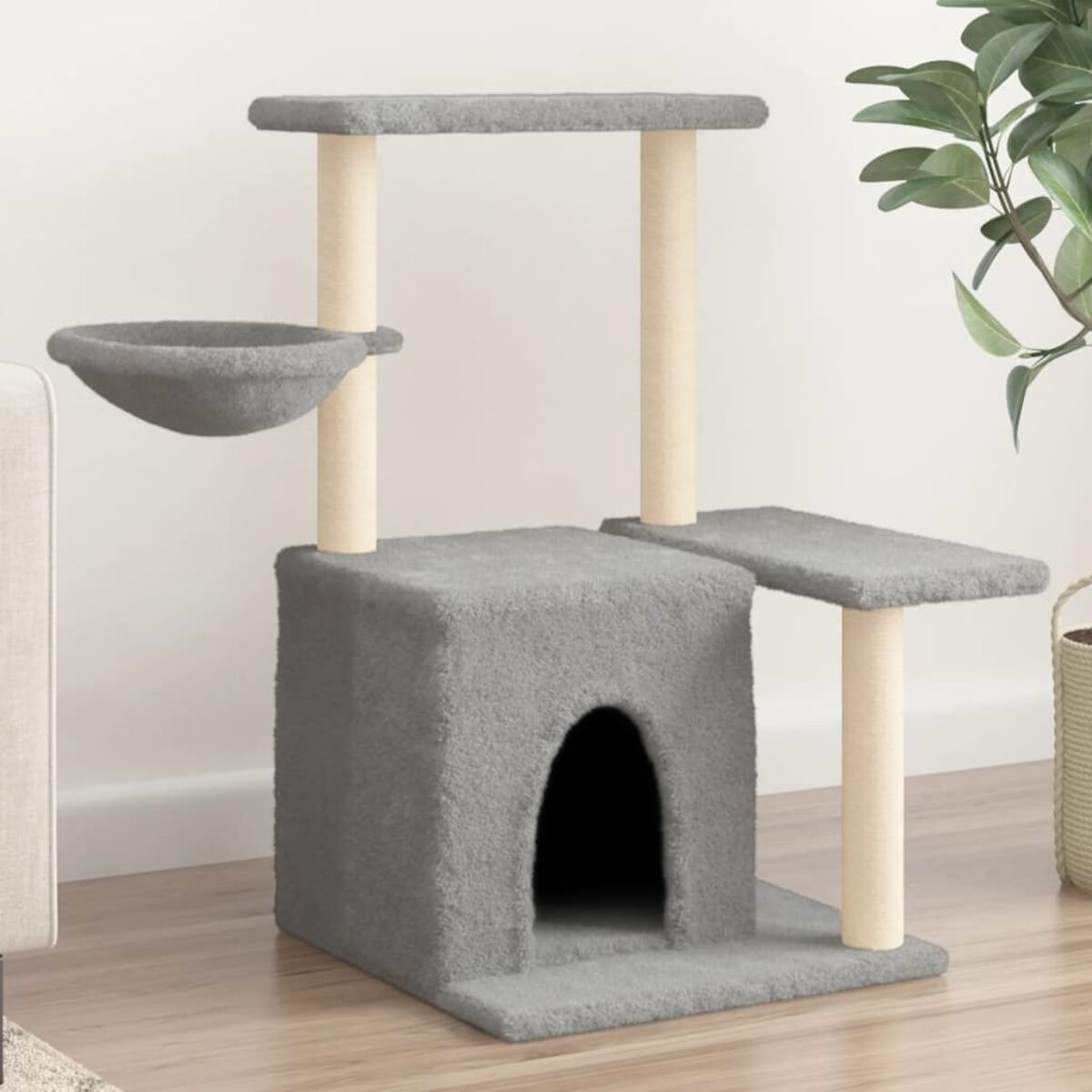 Ein grauer Katzenbaum mit mehreren Ebenen, einer Höhle, einer Schüssel und Kratzbäumen. Beige Akzente.