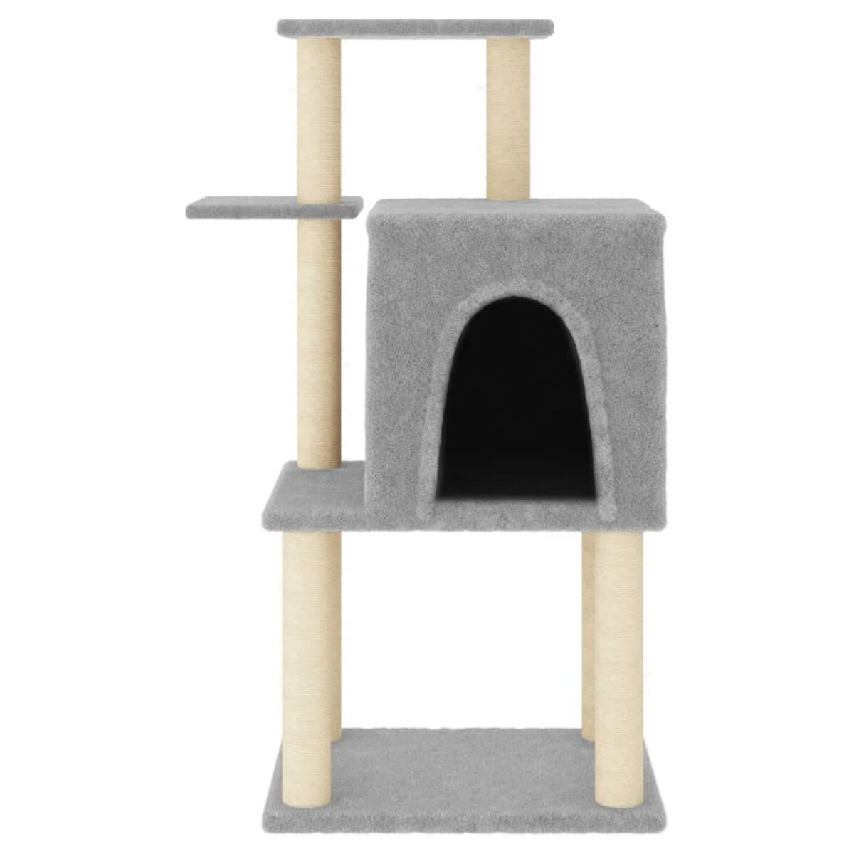 Grauer Katzenbaum mit mehreren Ebenen, Kratzbäumen und einem Katzenhaus. Beige Pfosten.