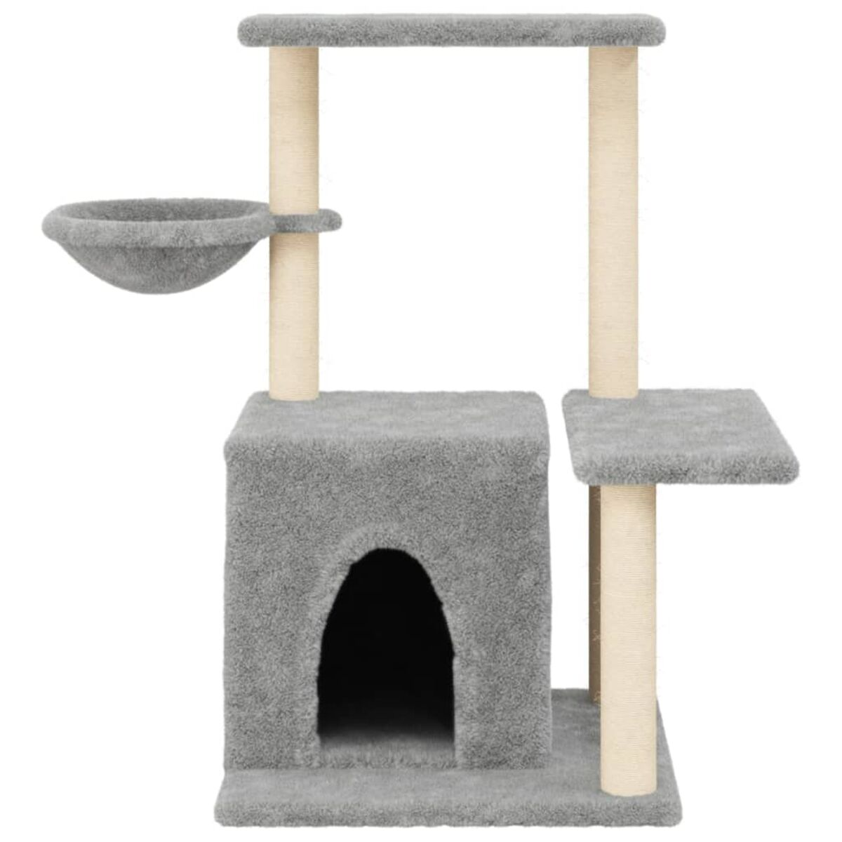Grauer Katzenbaum. Eine Schale, eine Höhle und Plattformen sind sichtbar. Kratzpfosten sind vorhanden.
