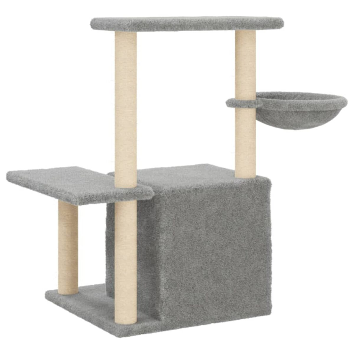 Ein grauer Katzenbaum mit mehreren Ebenen, darunter ein schalenförmiges Bett und Kratzbäume.