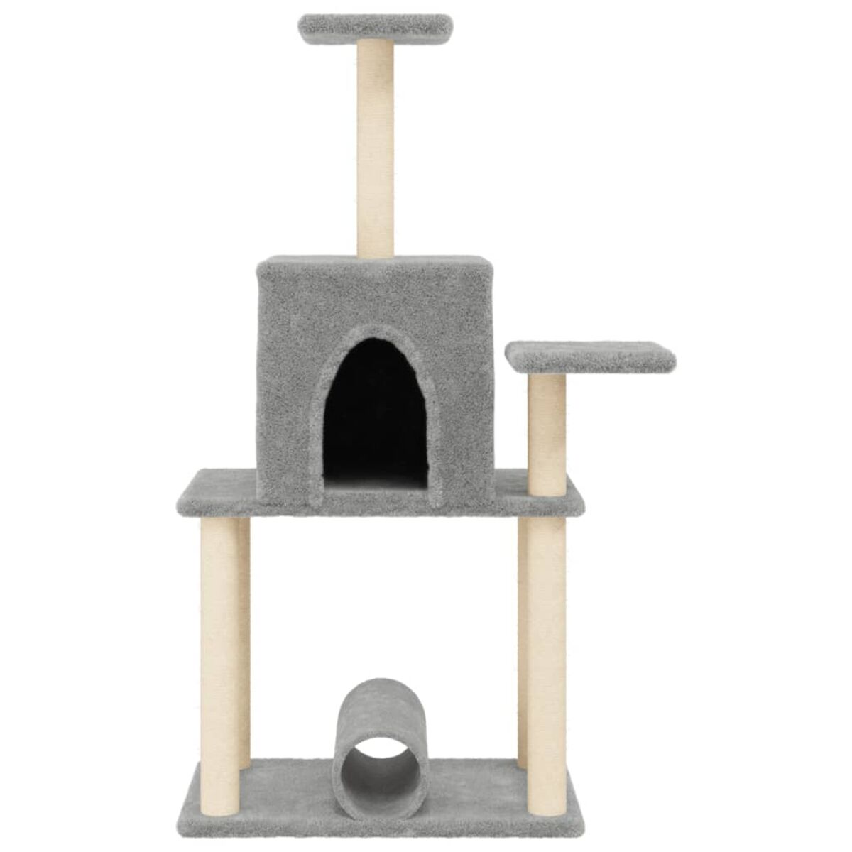 Grauer Katzenbaum mit mehreren Plattformen, einem Versteck und einem Tunnel.