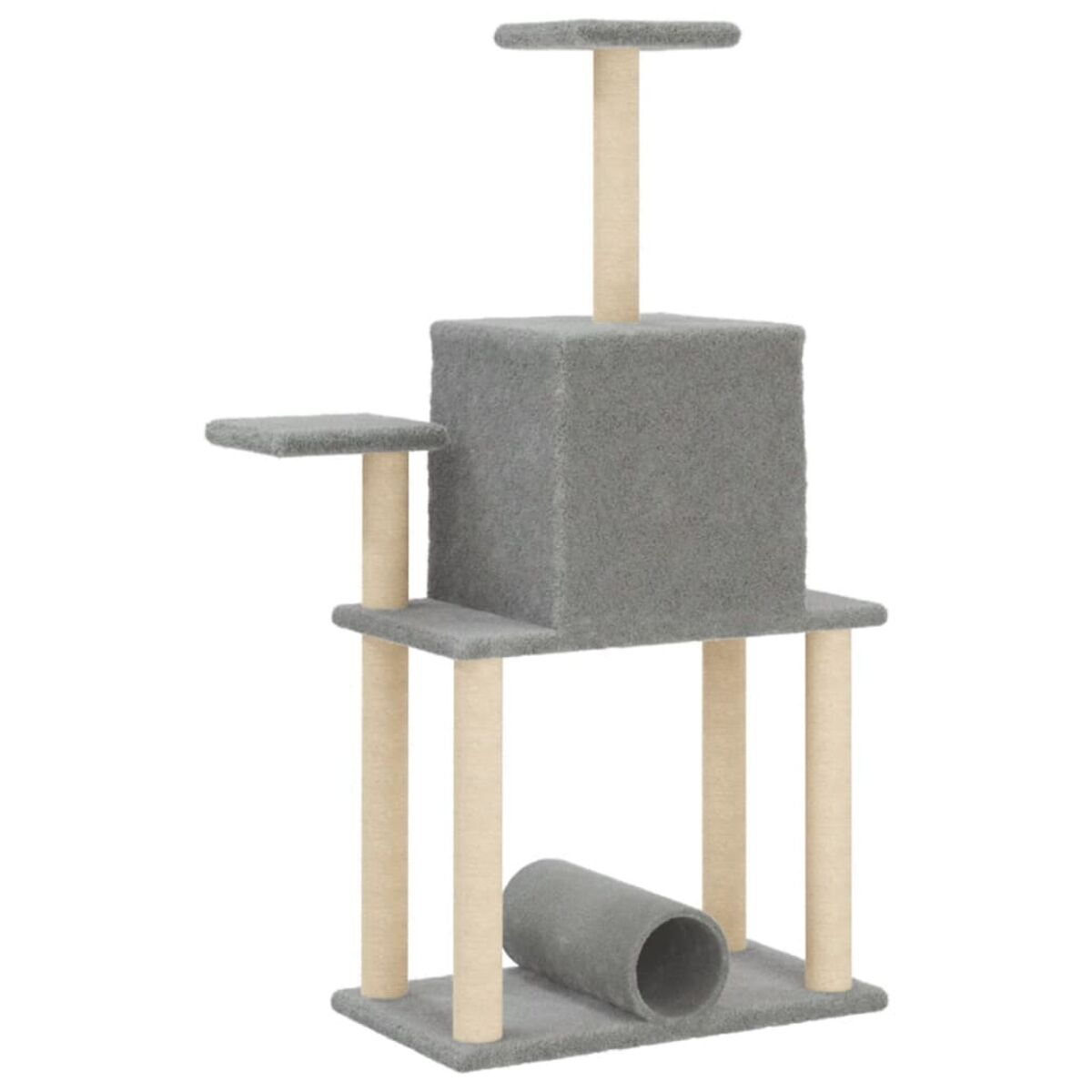 Grauer Katzenbaum mit mehreren Ebenen, einem Tunnel und Kratzbäumen.