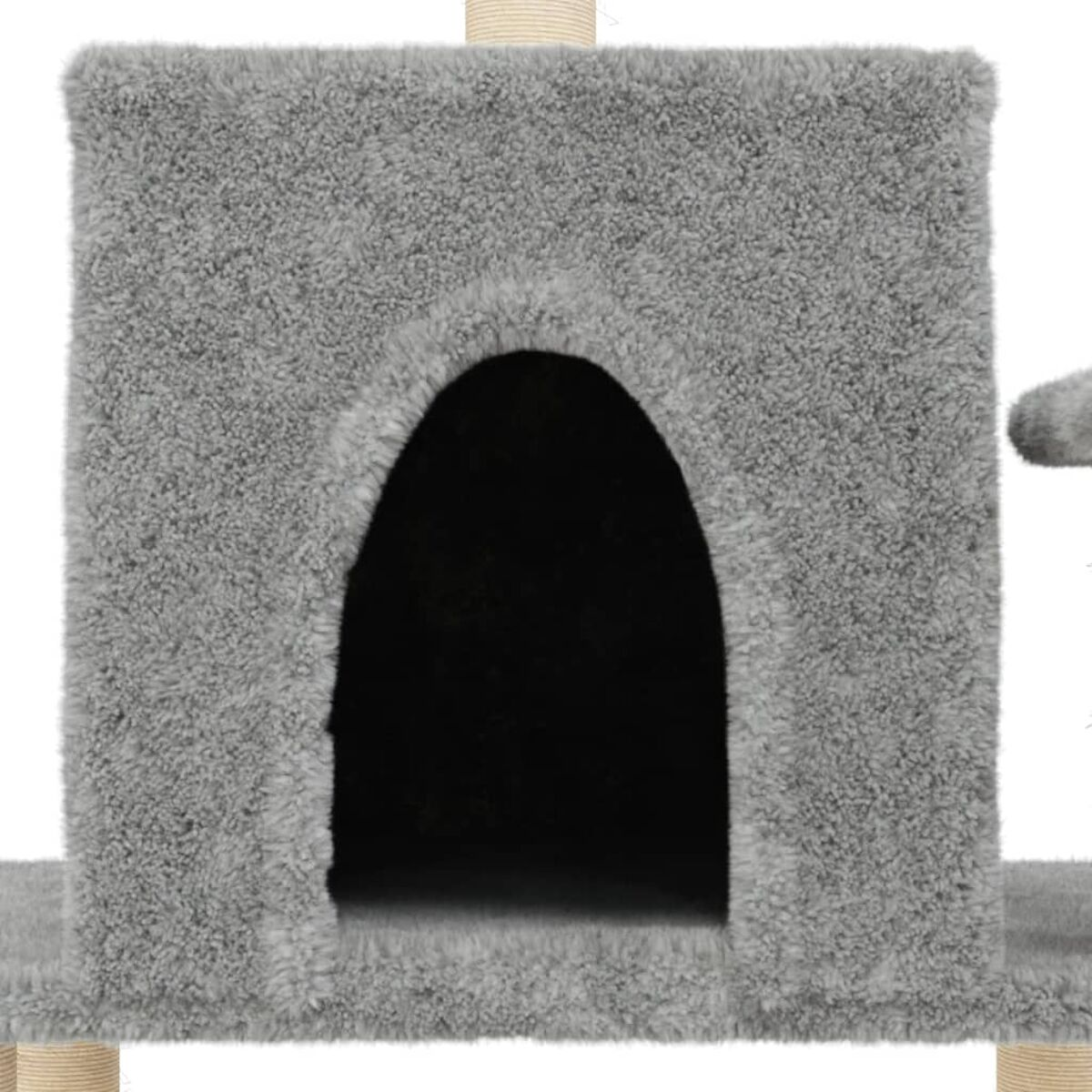 Ein grauer Katzenbaum mit Höhle und Plattform wird vor weißem Hintergrund gezeigt.