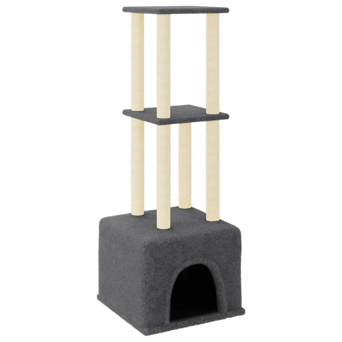 Grauer Katzenbaum mit Haus, Plattformen und Kratzbäumen. Dunkelgraue Basis.