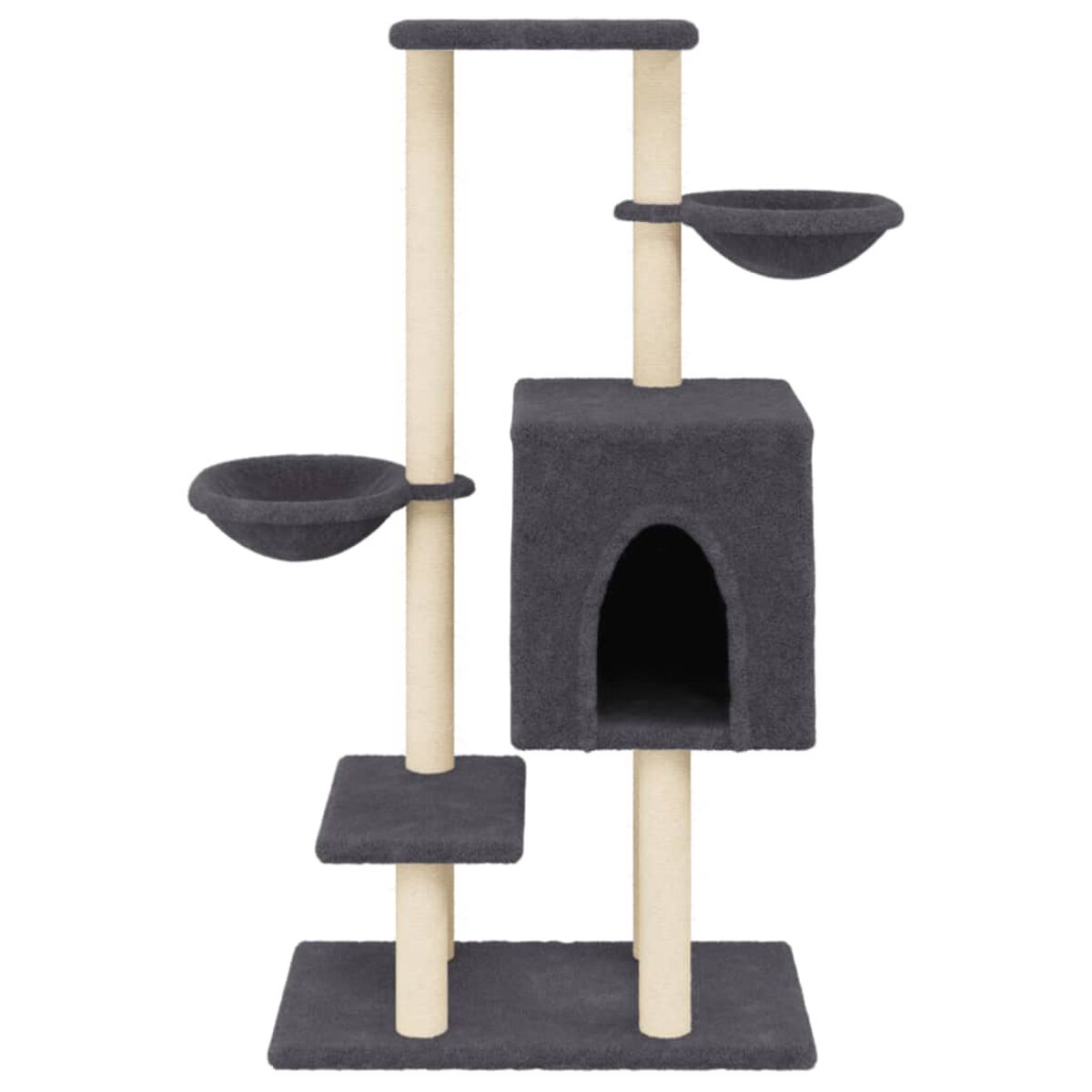 Katzenbaum mit dunkelgrauen Oberflächen, beigen Pfosten, mehreren Ebenen.