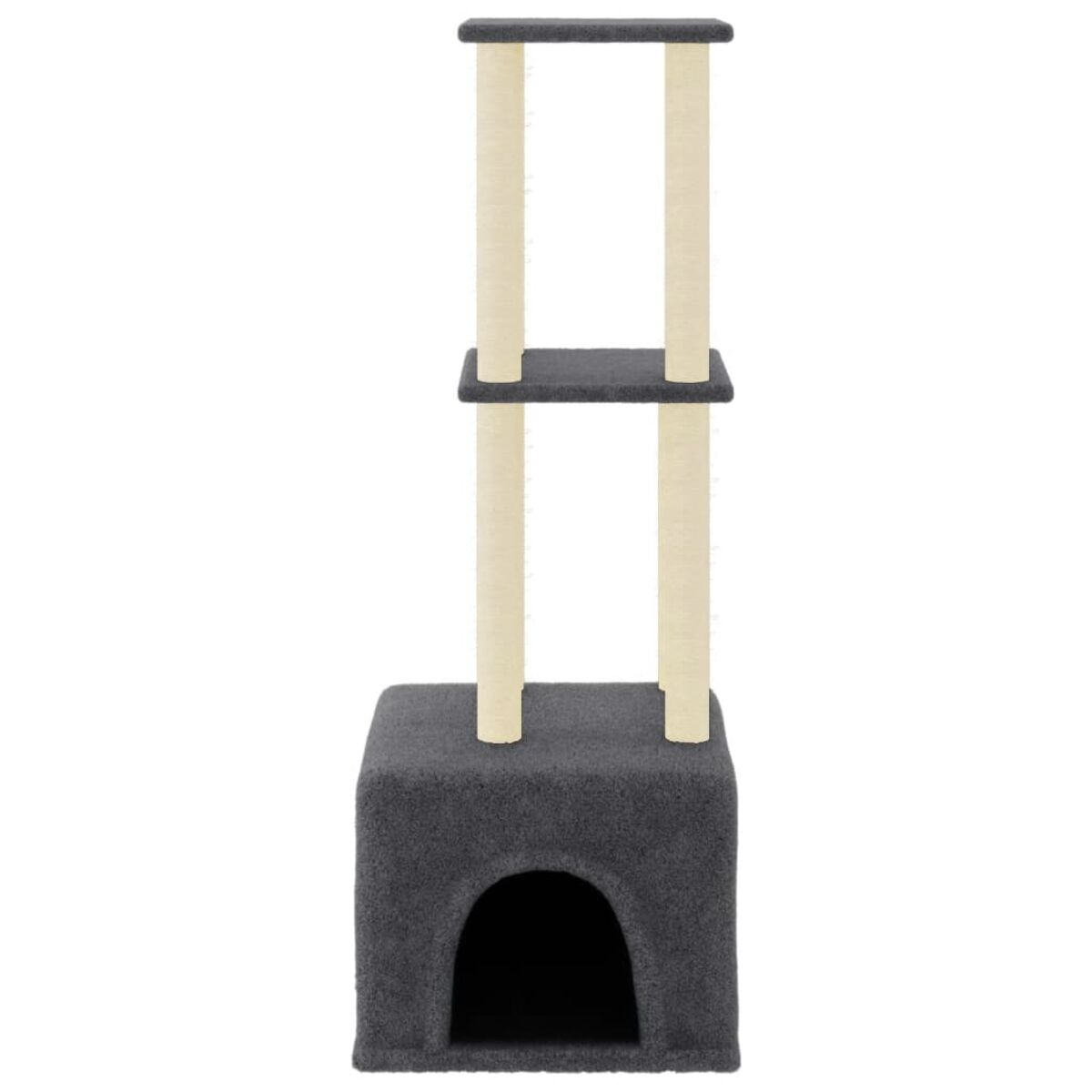 Katzenbaum mit Höhle, zwei Plattformen und Kratzbäumen. Er ist grau und beige.
