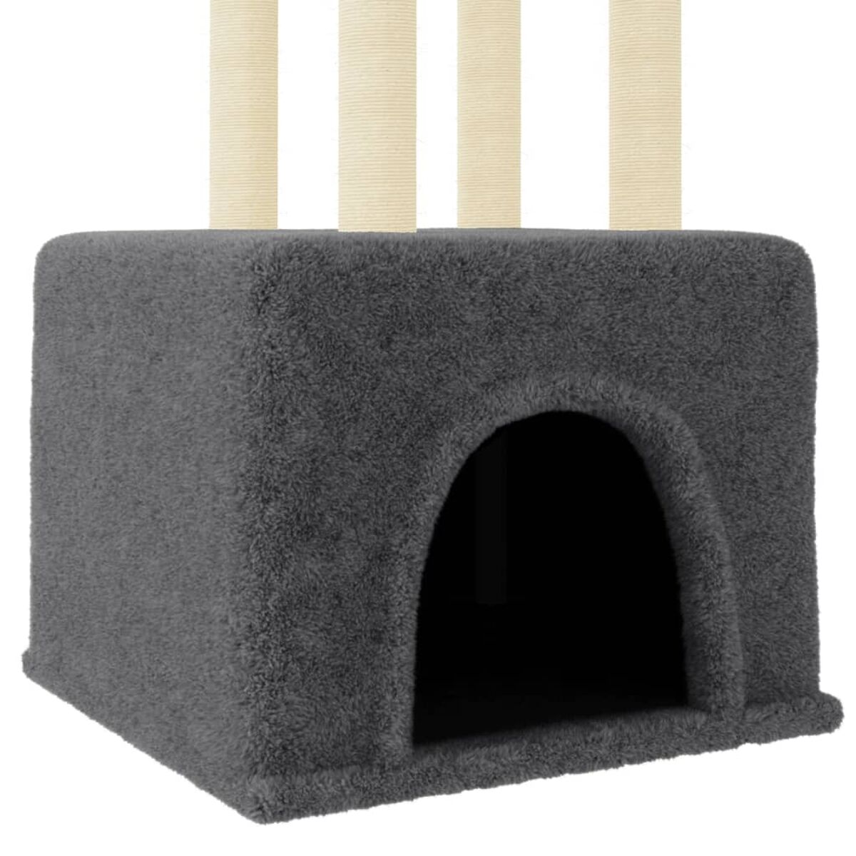 Dunkelgraues Katzenbaumhaus mit Eingang und beigen Kratzpfosten oben drauf.