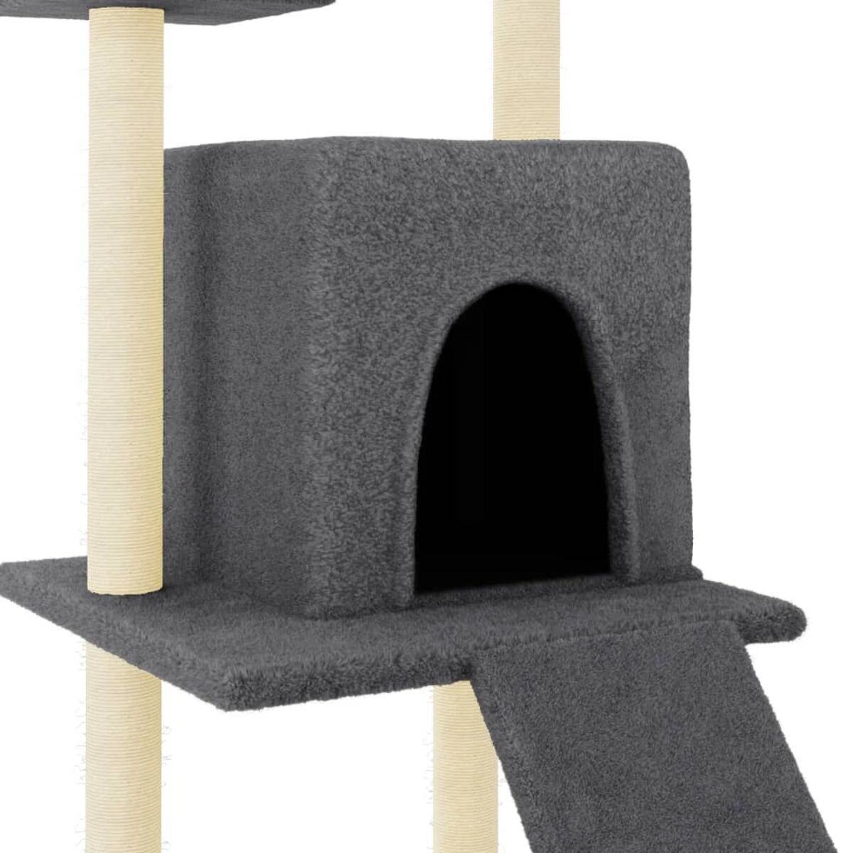 Grauer Kratzbaum mit Haus, Plattformen und Kratzpfosten aus beigem Material.