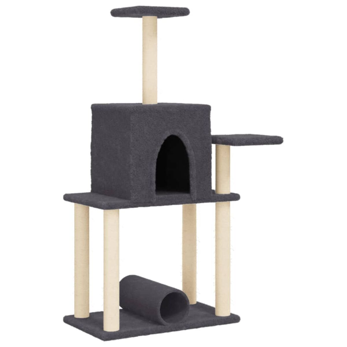 Katzenbaum mit Plattformen, einer Höhle und einer Röhre. Graue Teppichoberflächen.