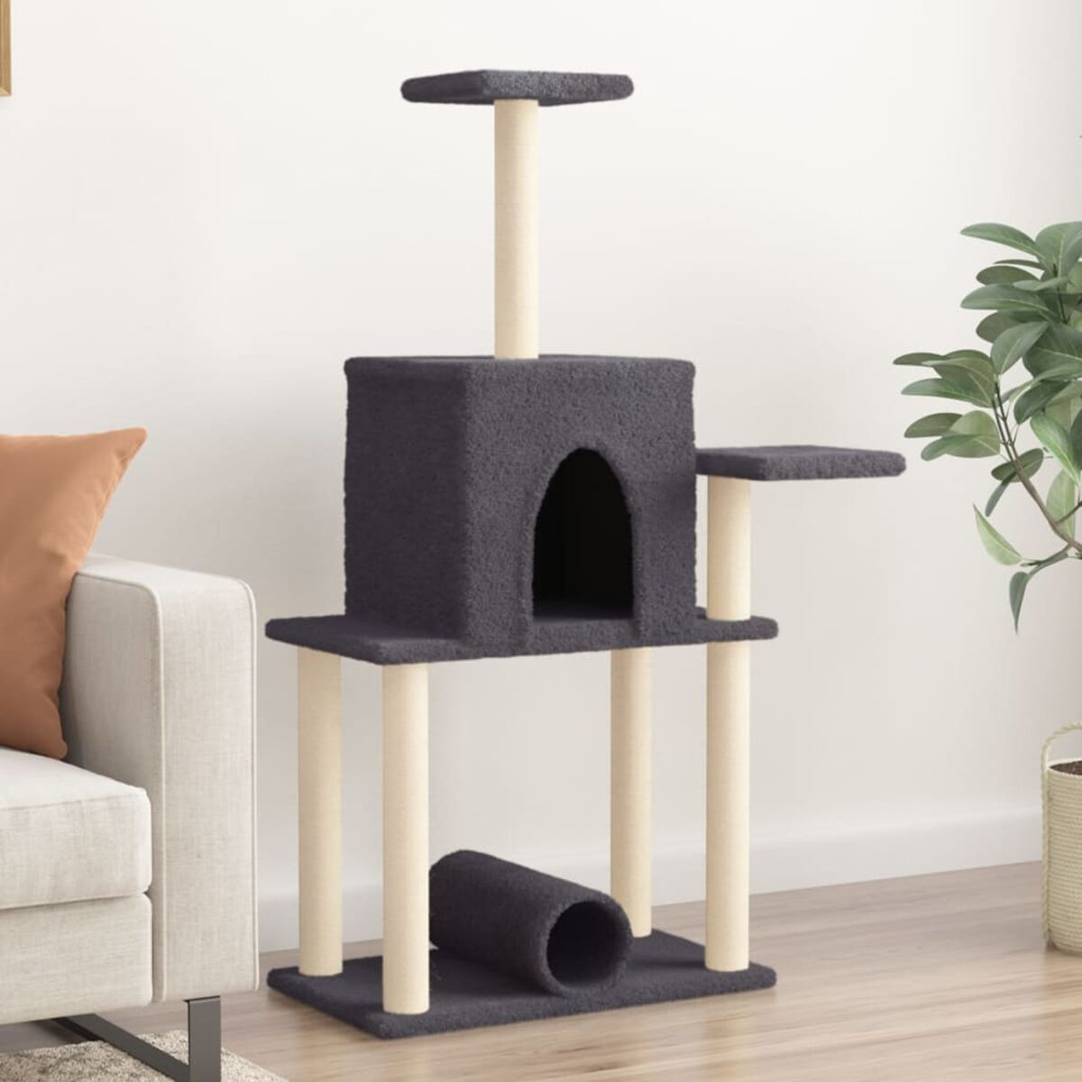 Dunkelgrauer Katzenbaum mit Tunnel, mehreren Plattformen und einem Haus. Beige Stützbalken.