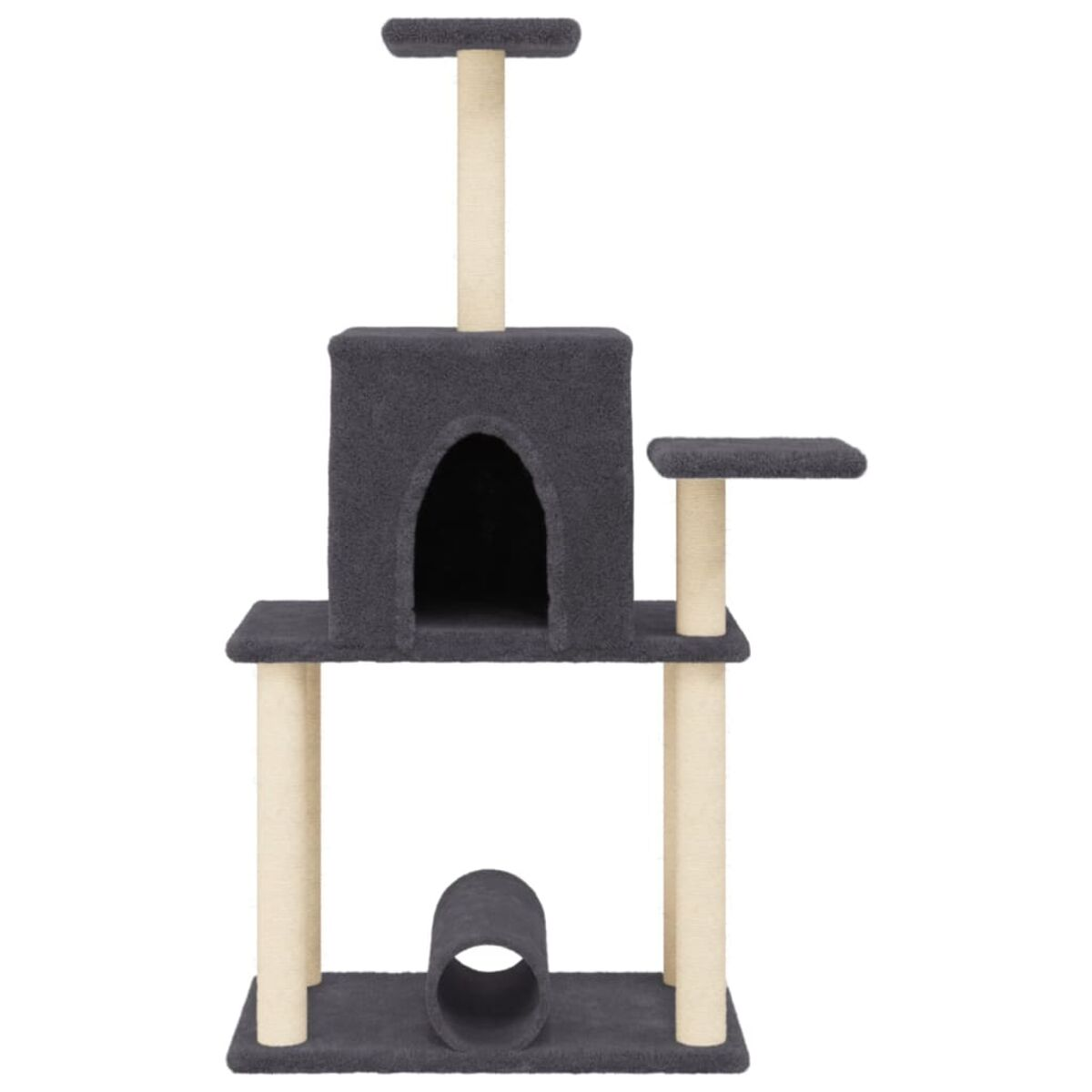 Grauer Katzenturm mit mehreren Ebenen. Beinhaltet ein Haus, Sitzstangen und einen Tunnel. Beige Pfosten, graue Plattformen.