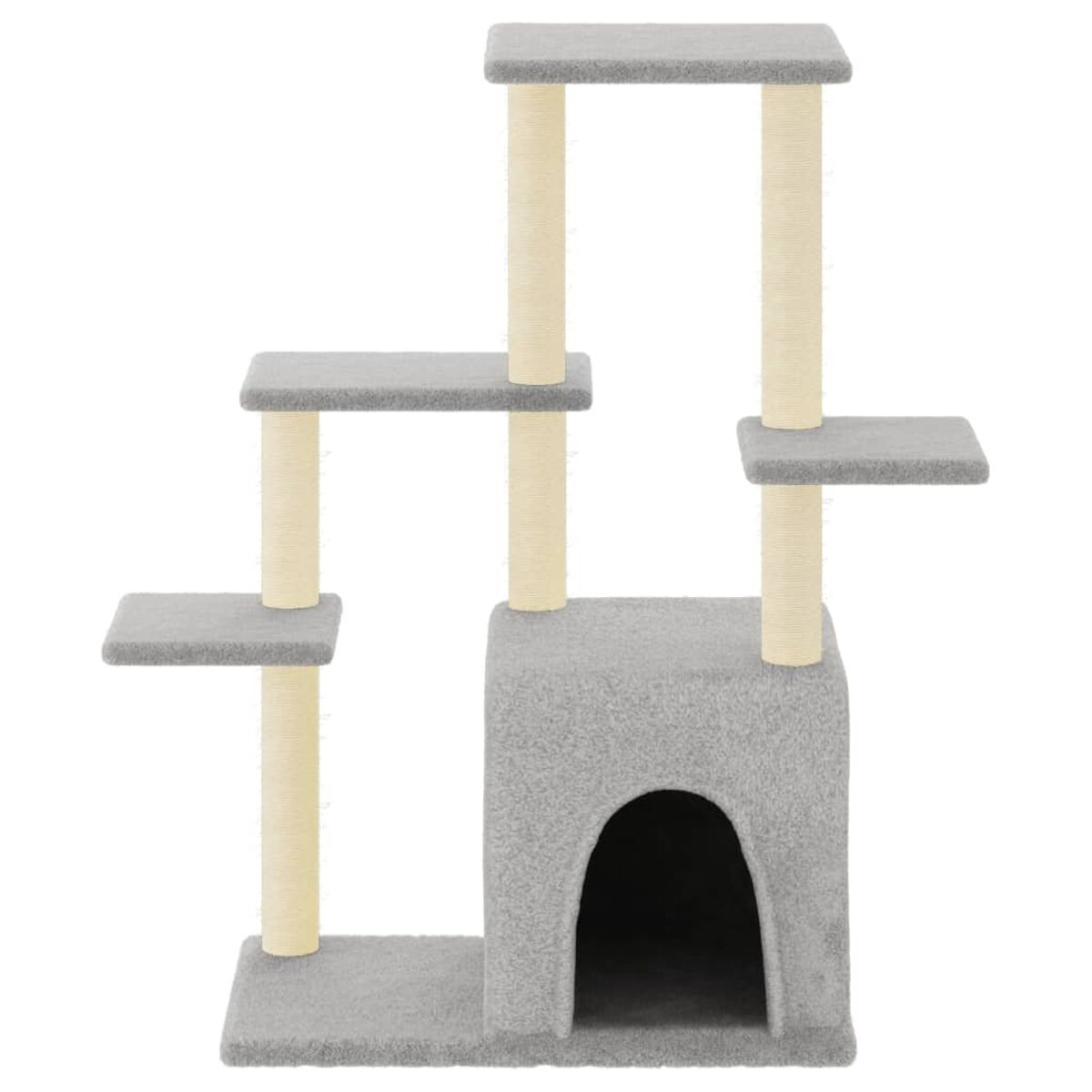 Grauer Katzenbaum mit mehreren Plattformen und beigen Kratzbäumen. Verfügt über eine Katzenhöhle.