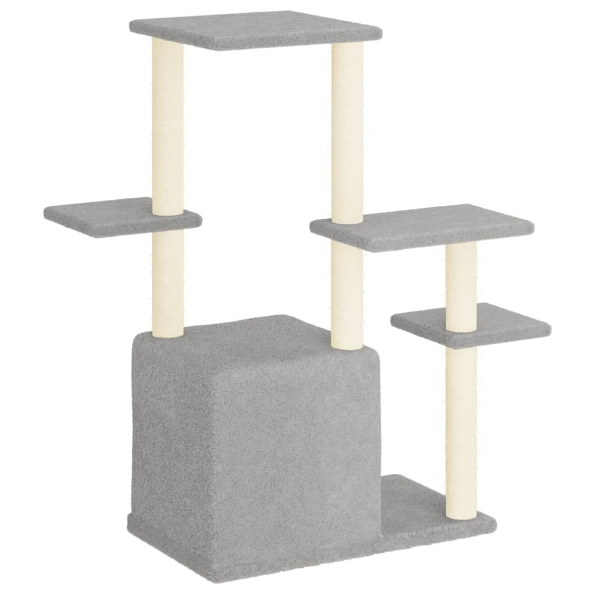 Ein grauer Katzenbaum, mit mehreren Plattformen, beigen Stützbalken und einer Kubusstruktur.