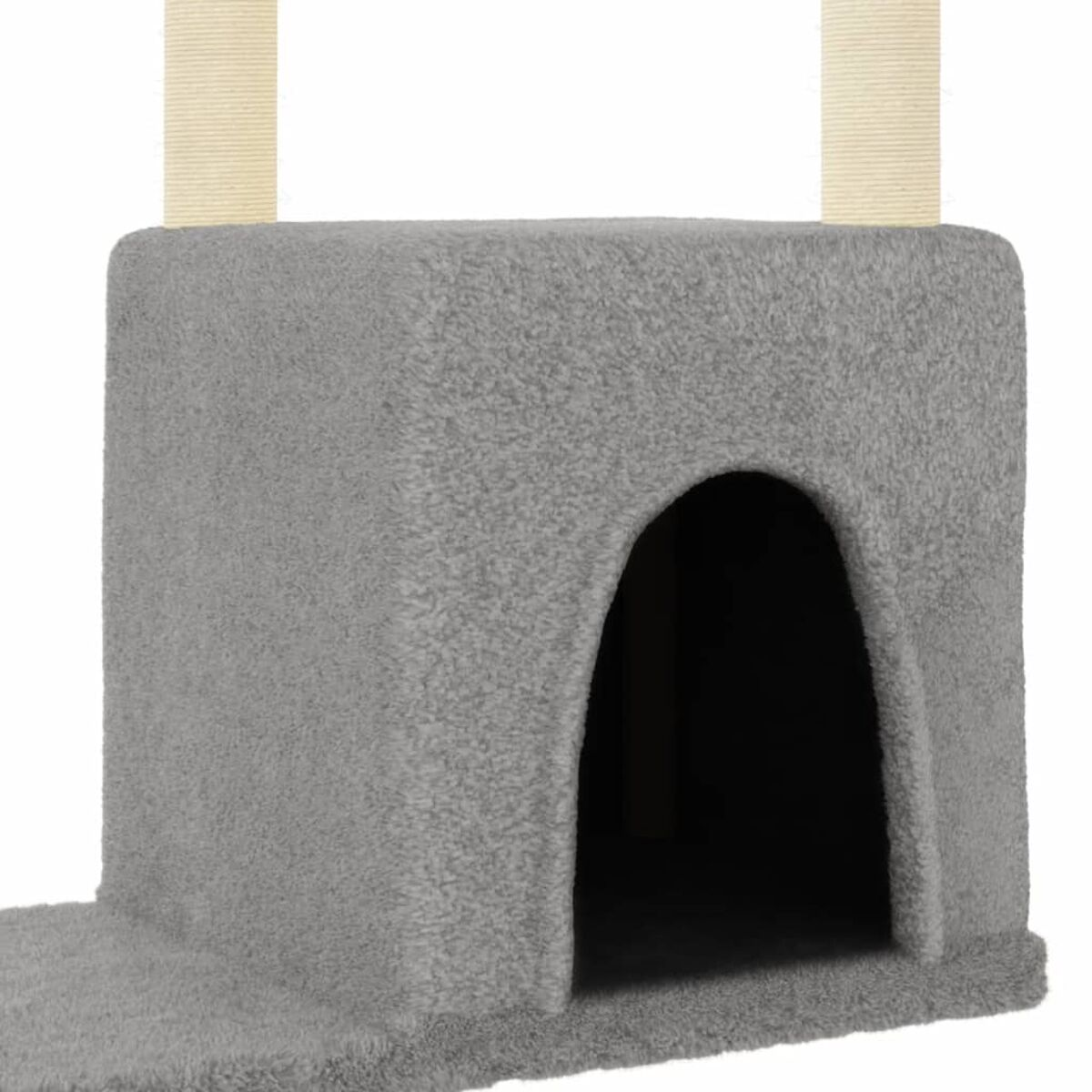 Eine graue Katzenbaumstruktur mit Höhleneingang und zwei sichtbaren beigen Kratzpfosten.