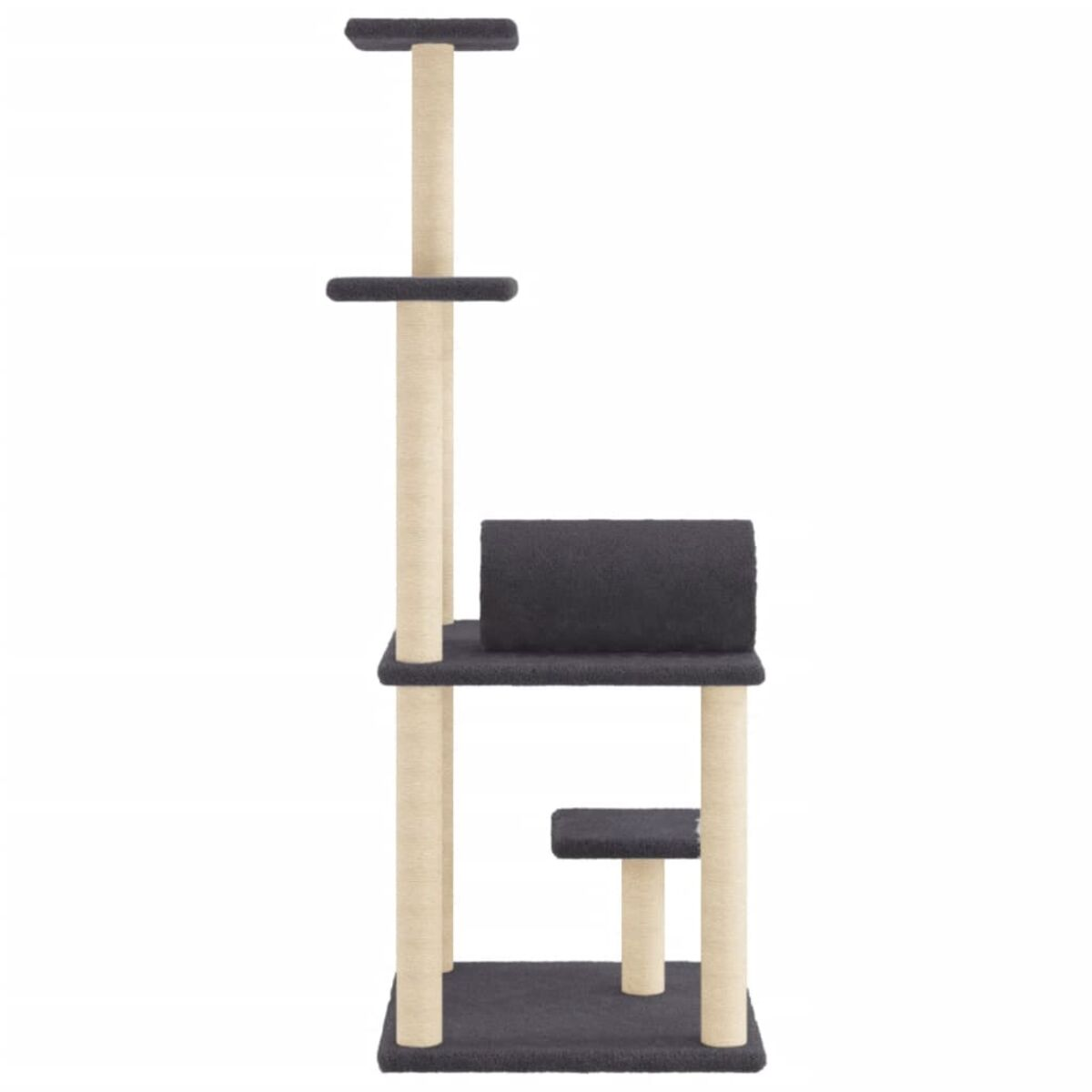 Katzenbaum mit mehreren Ebenen. Beige Pfosten, dunkelgraue Plattformen und ein schwarzes Fach.