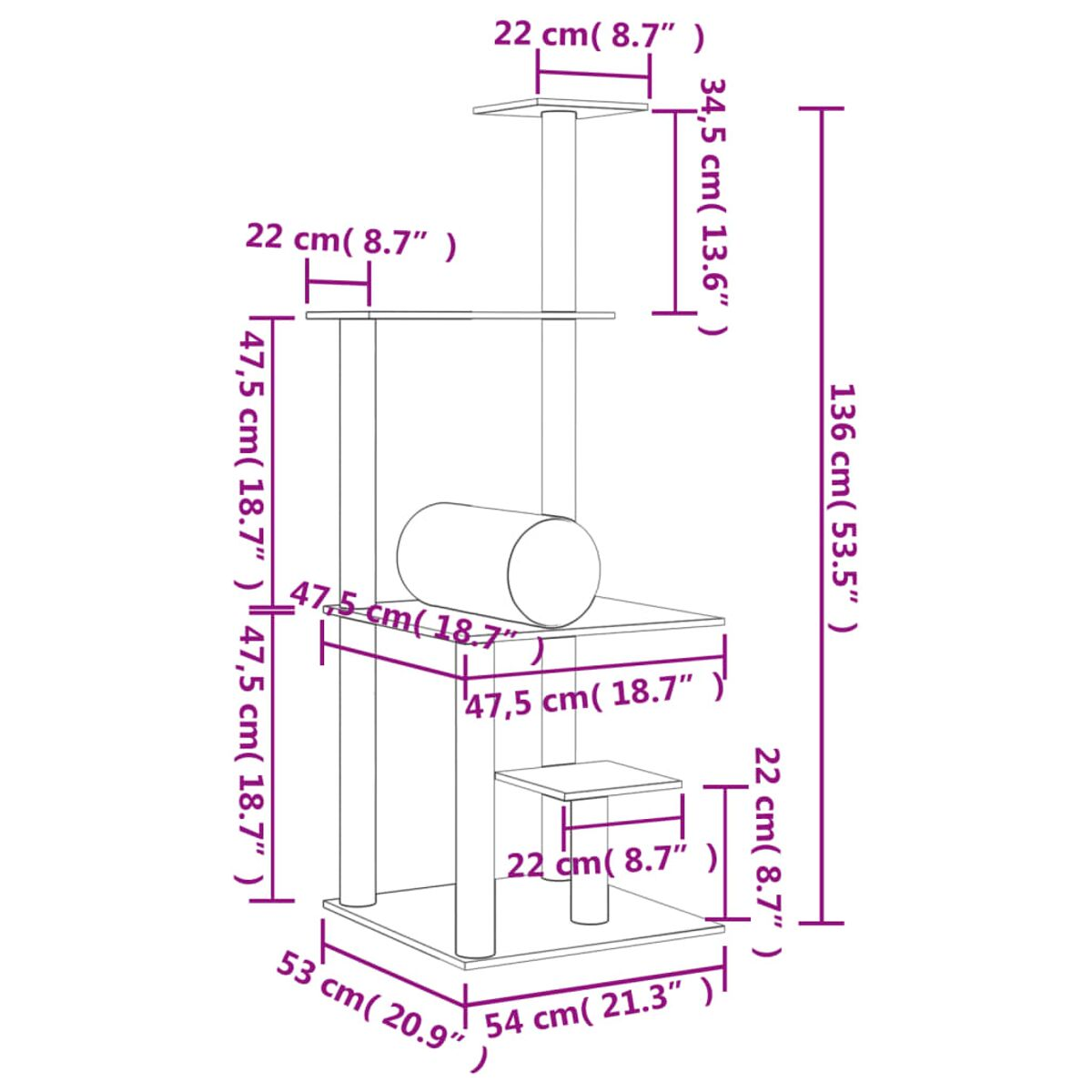 Diagramm eines Katzenbaums mit Maßen in cm, das Plattformen und Kratzpfosten zeigt.