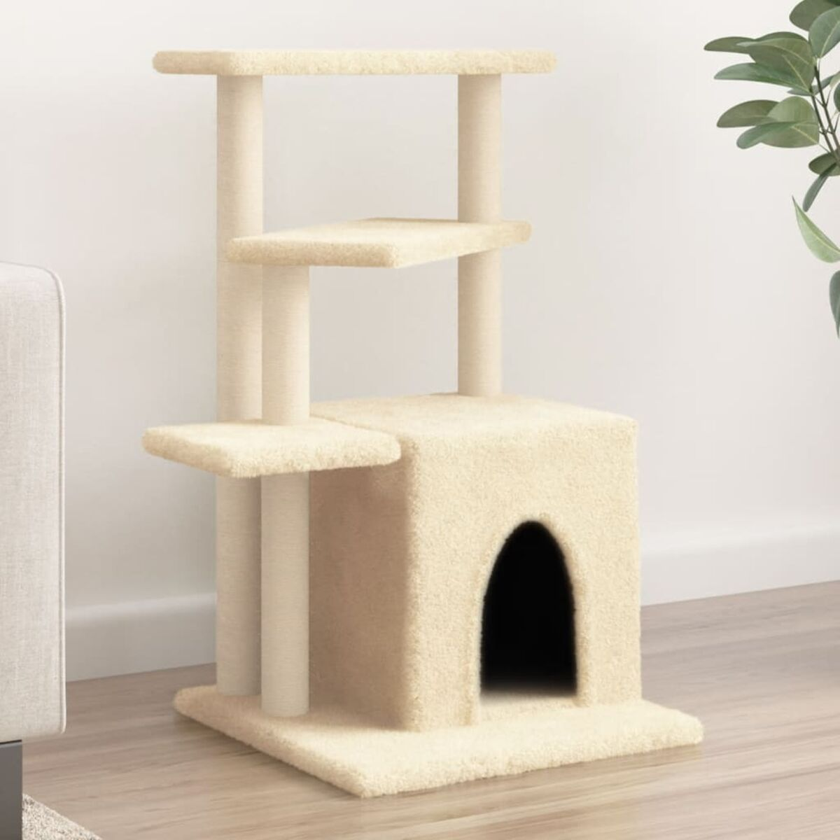 Beiger Katzenbaum mit mehreren Plattformen, Katzenhaus und Kratzbäumen.