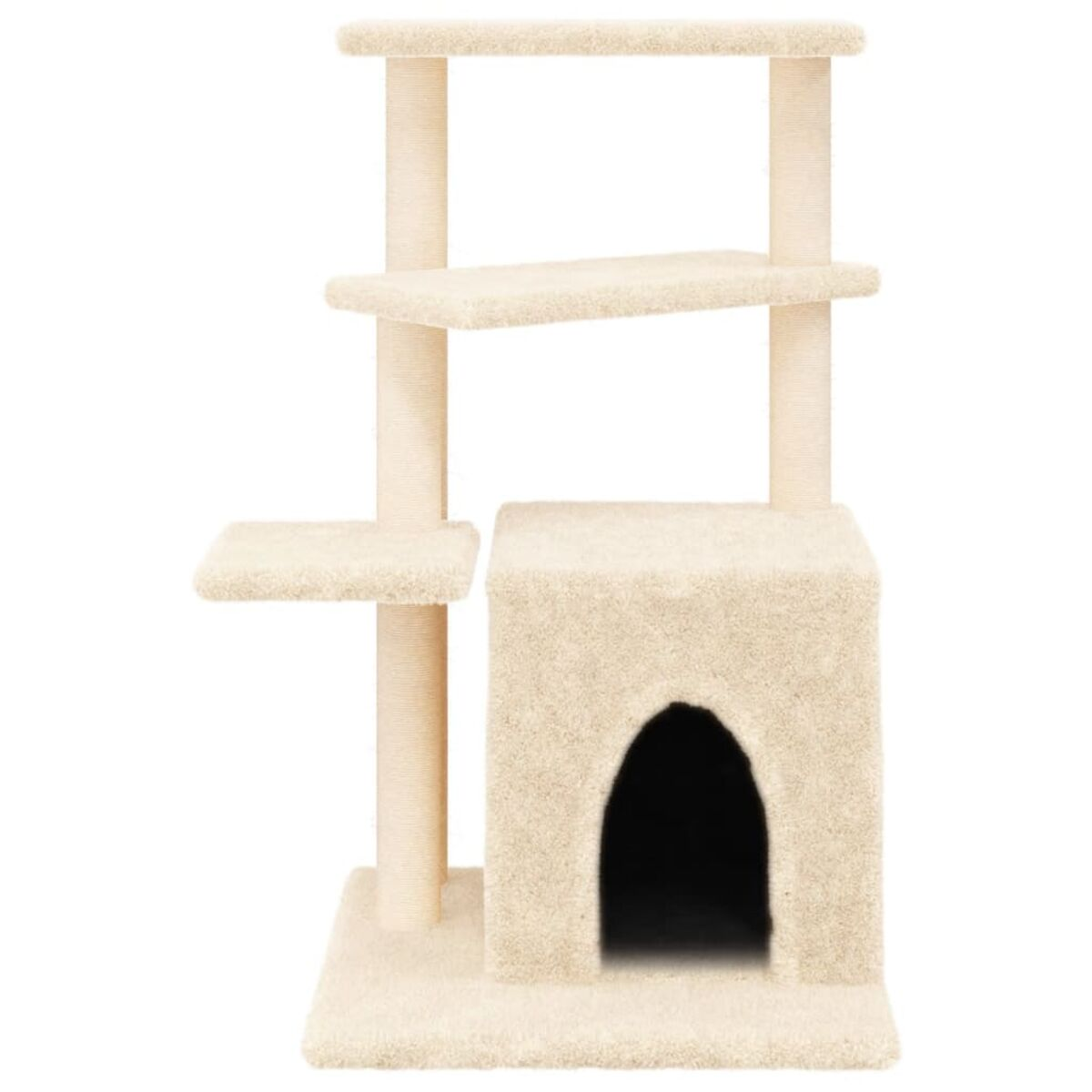 Beiger Kratzbaum mit mehreren Plattformen, Kratzpfosten und einem Katzenhaus. Er ist mit Teppich ausgekleidet.