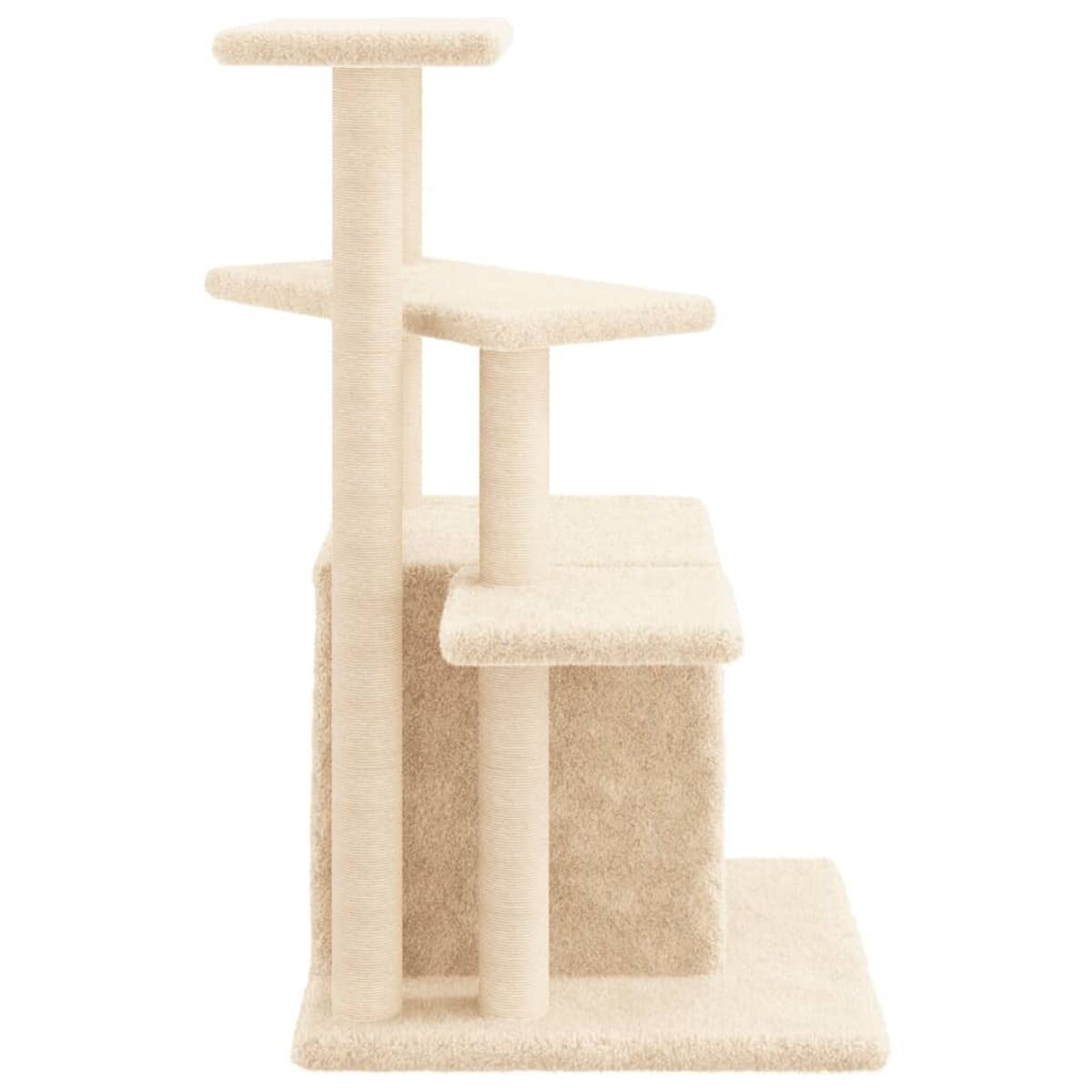 Beiger Katzenbaum mit mehreren Plattformen und Kratzpfosten. Weißer Hintergrund.