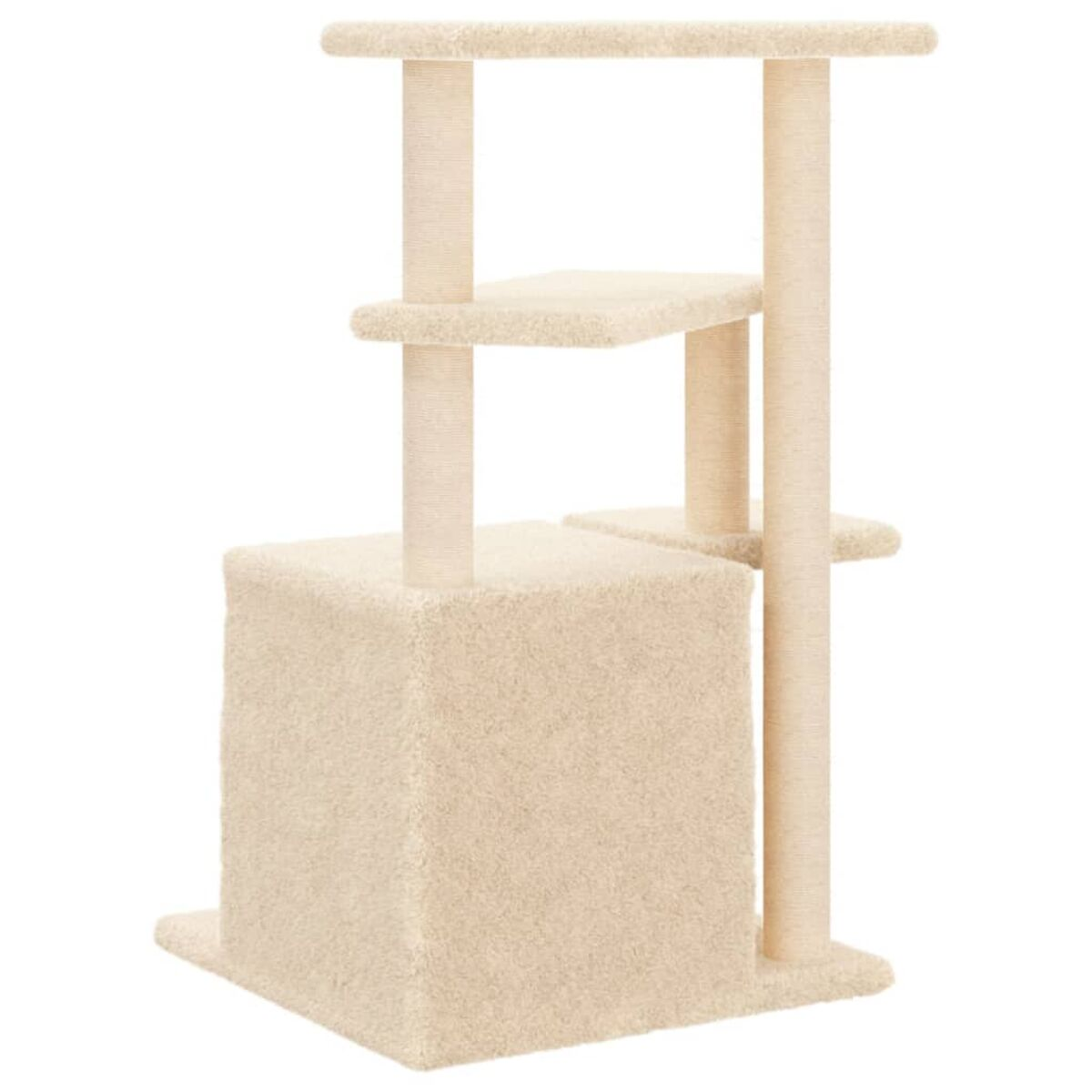 Ein cremefarbener Katzenbaum mit mehreren Plattformen und einer Würfelbasis. Beige Pfosten halten die Struktur.