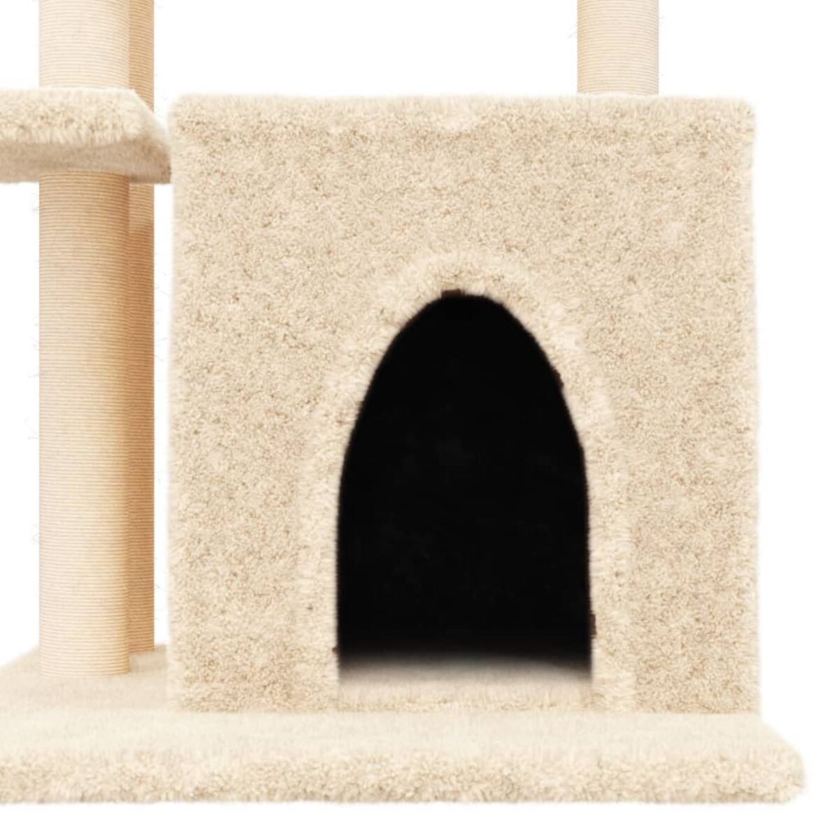 Nahaufnahme einer grauen Katzenbaumstruktur mit einem beigen, bogenförmigen Eingang.