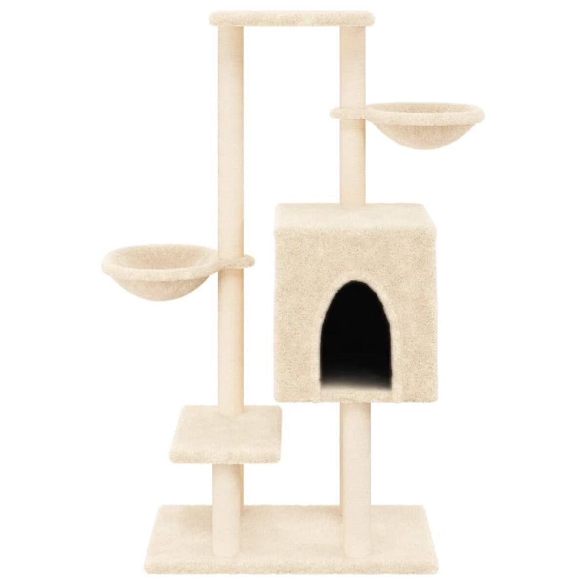 Beiger Katzenbaum mit Höhle, Plattformen und Schalen. Weißer Hintergrund.