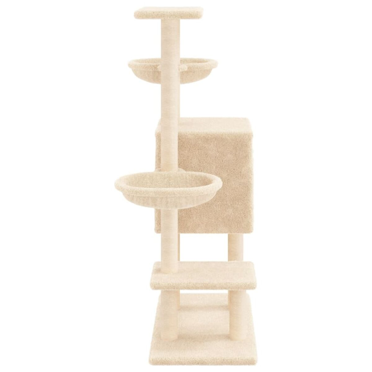 Beiger Katzenbaum mit Plattformen, Schalen und Kratzbäumen. Weißer Hintergrund.