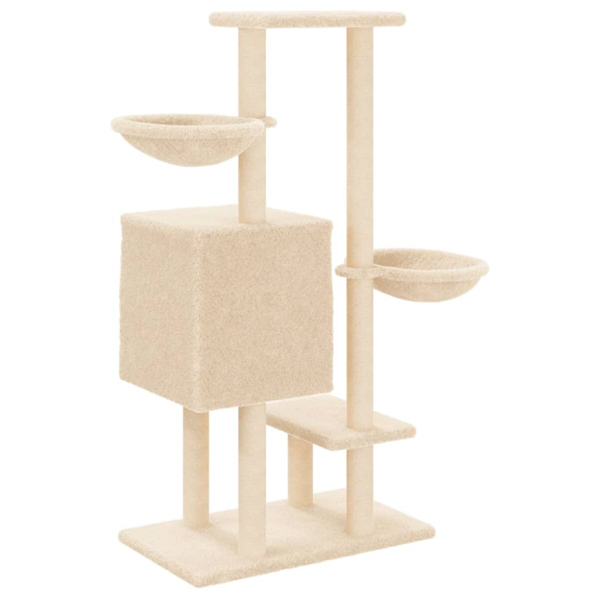 Beiger Katzenbaum mit mehreren Plattformen, einem Würfel und zwei Schalen. Weißer Hintergrund.