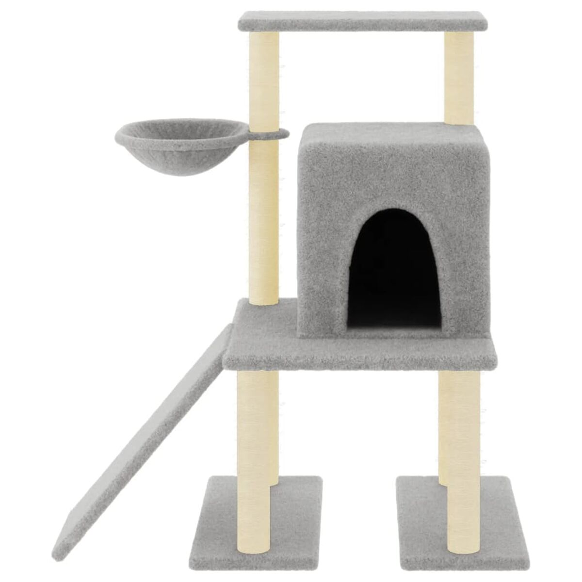 Ein grauer Katzenbaum mit Hängematte, Höhle und Kratzbäumen. Es hat mehrere Ebenen und ist freistehend.