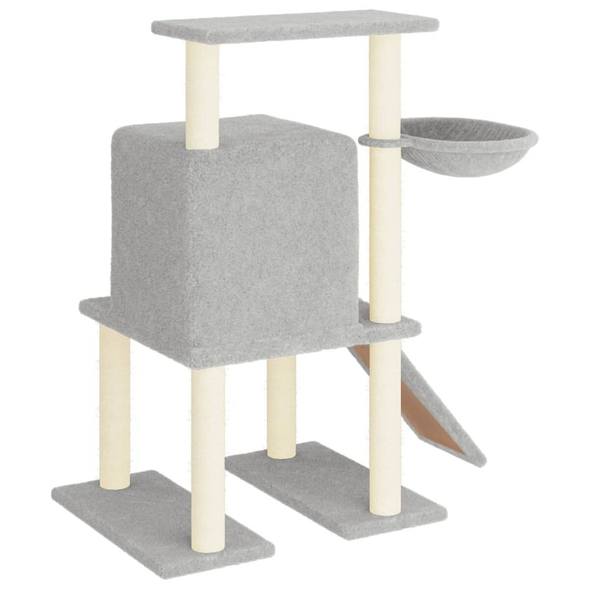 Grauer Katzenbaum mit mehreren Ebenen, einer Box, einer Schüssel und einer Rampe. Beige und Grau.