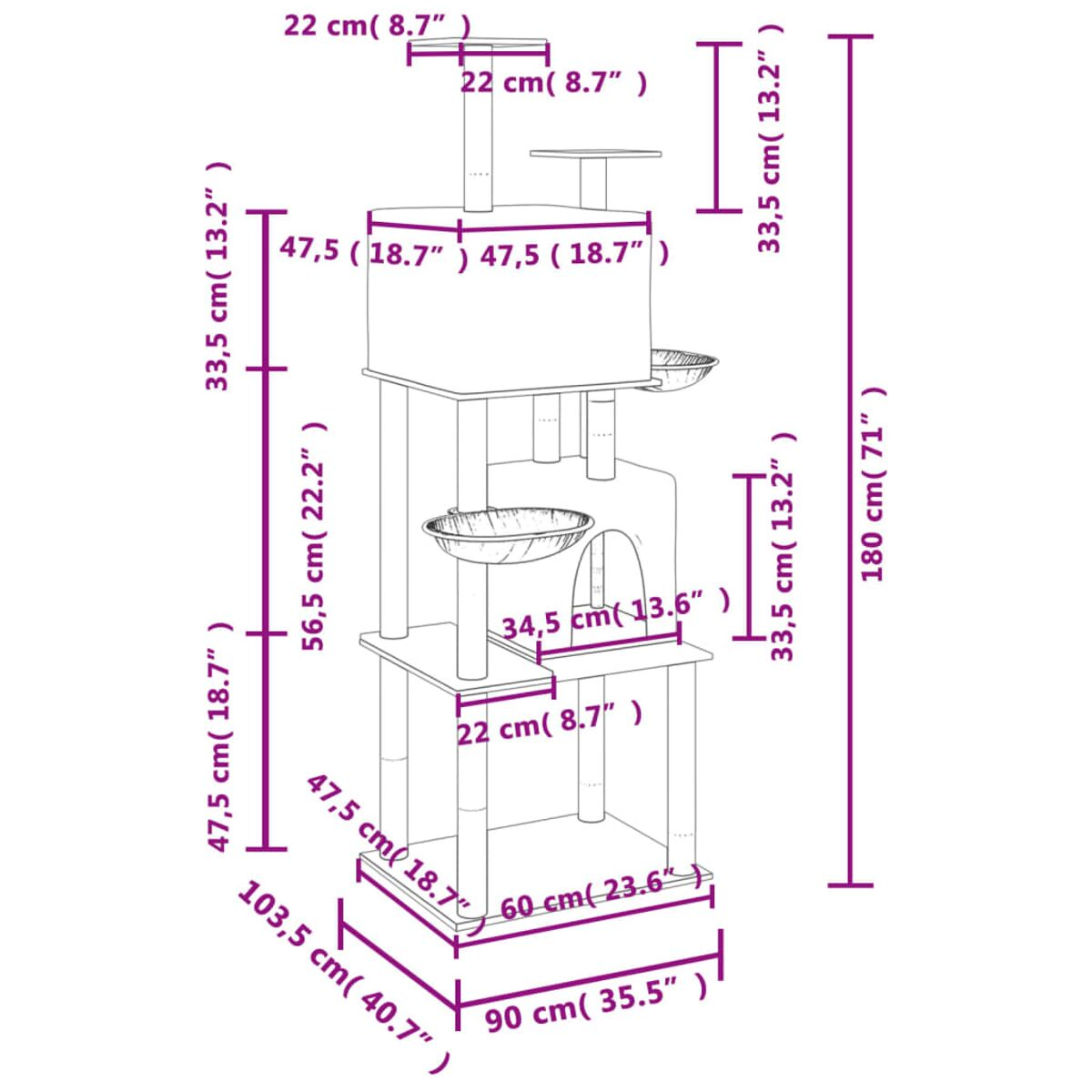 Ein Diagramm mit Abmessungen eines Katzenbaums mit mehreren Ebenen, Plattformen und einer Hängematte.