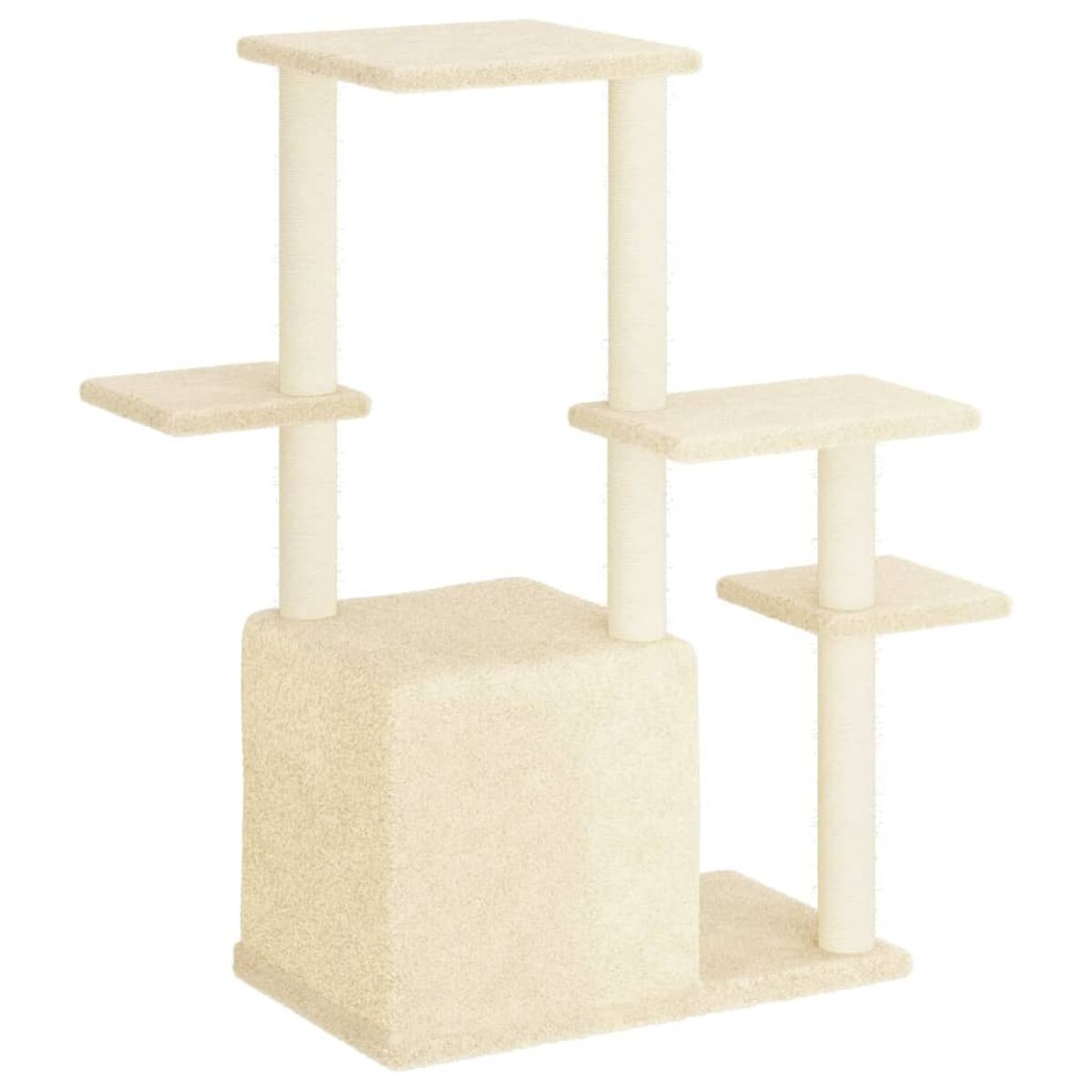 Katzenbaum mit mehreren Plattformen und einem Würfel. Beige Farbe.
