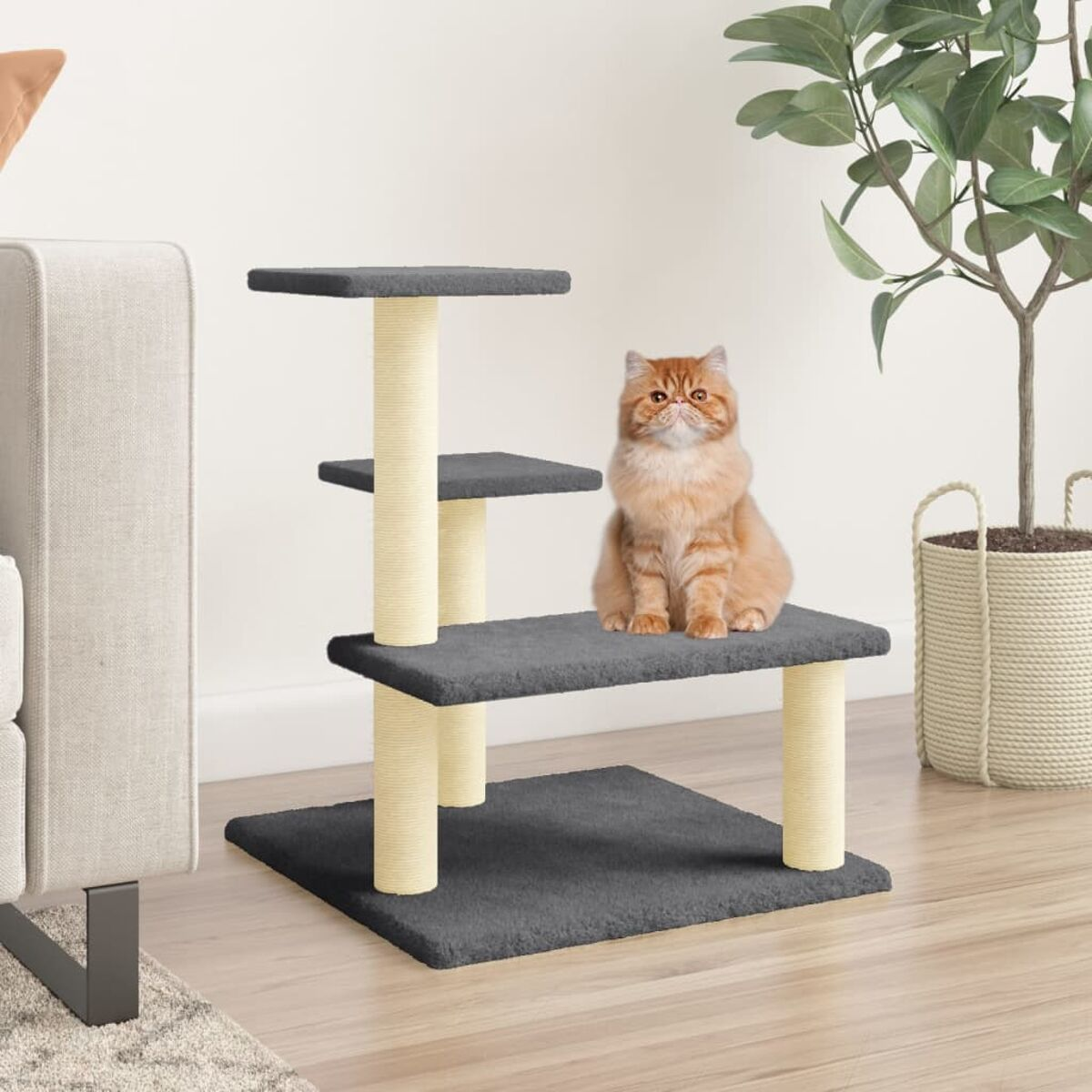 Katze auf einem Katzenbaum im Wohnzimmer. Die Katze ist orange und flauschig.