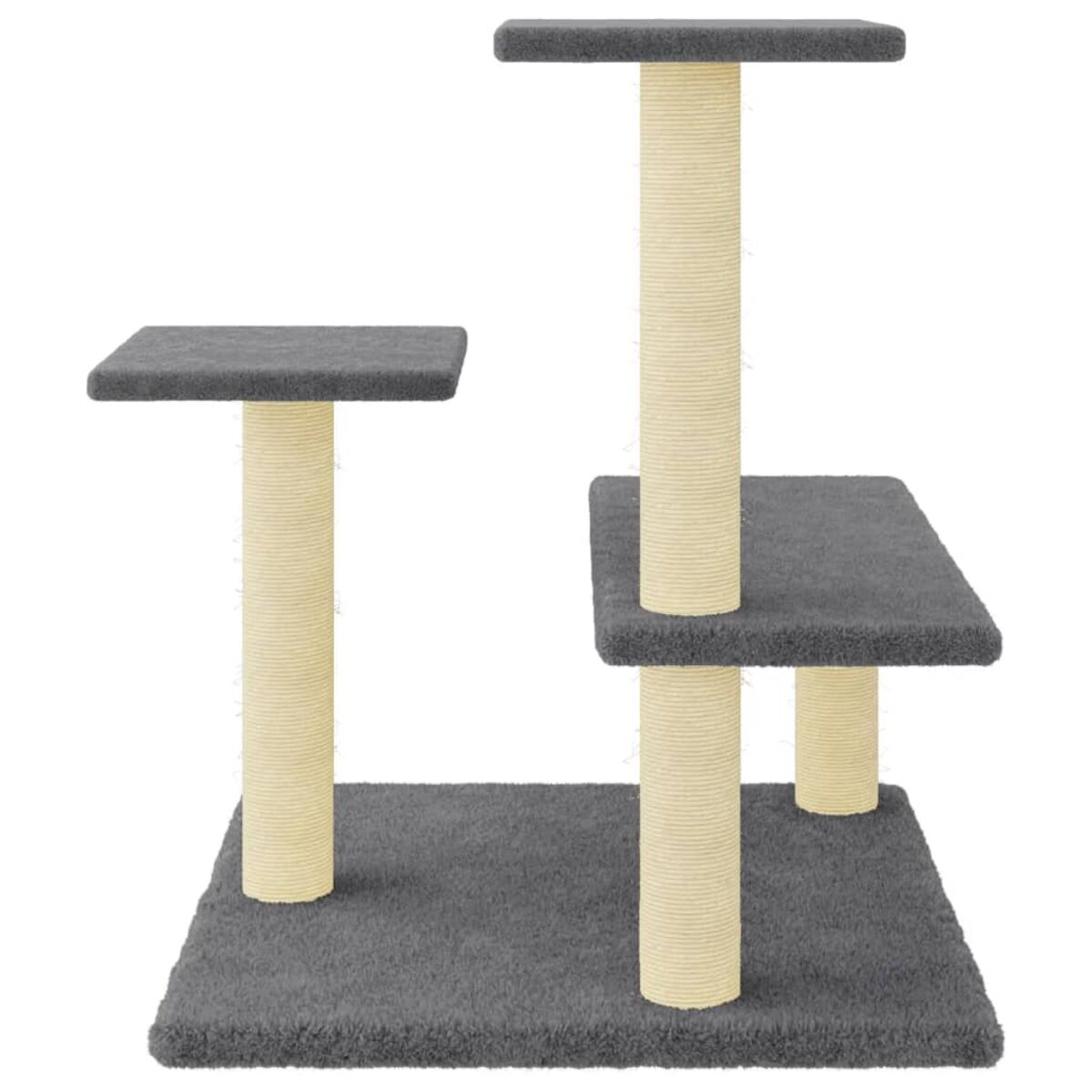 Katzenbaum mit mehreren Ebenen. Graue Plattformen, beige Kratzbäume. Weißer Hintergrund.